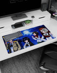 32x16 inches anime girl mouse pad showing four winking girls on a rooftop under a bright full moon, cozy snacks.