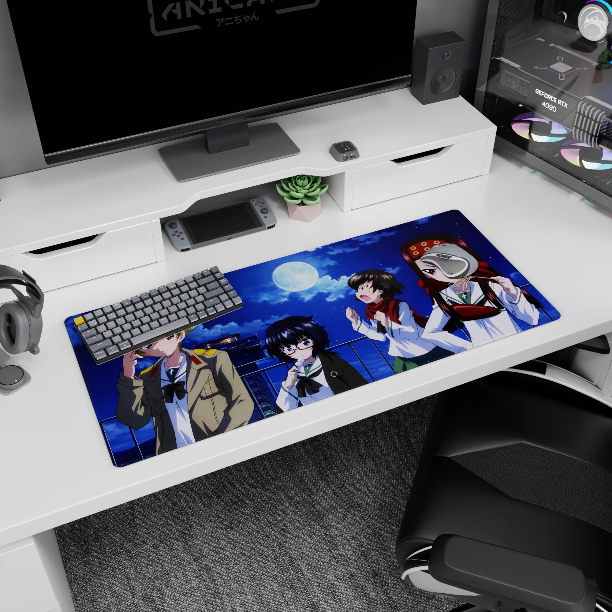 Rooftop moonlit scene anime girl desk pad 36x16 inches featuring four playful girls posing with snacks.