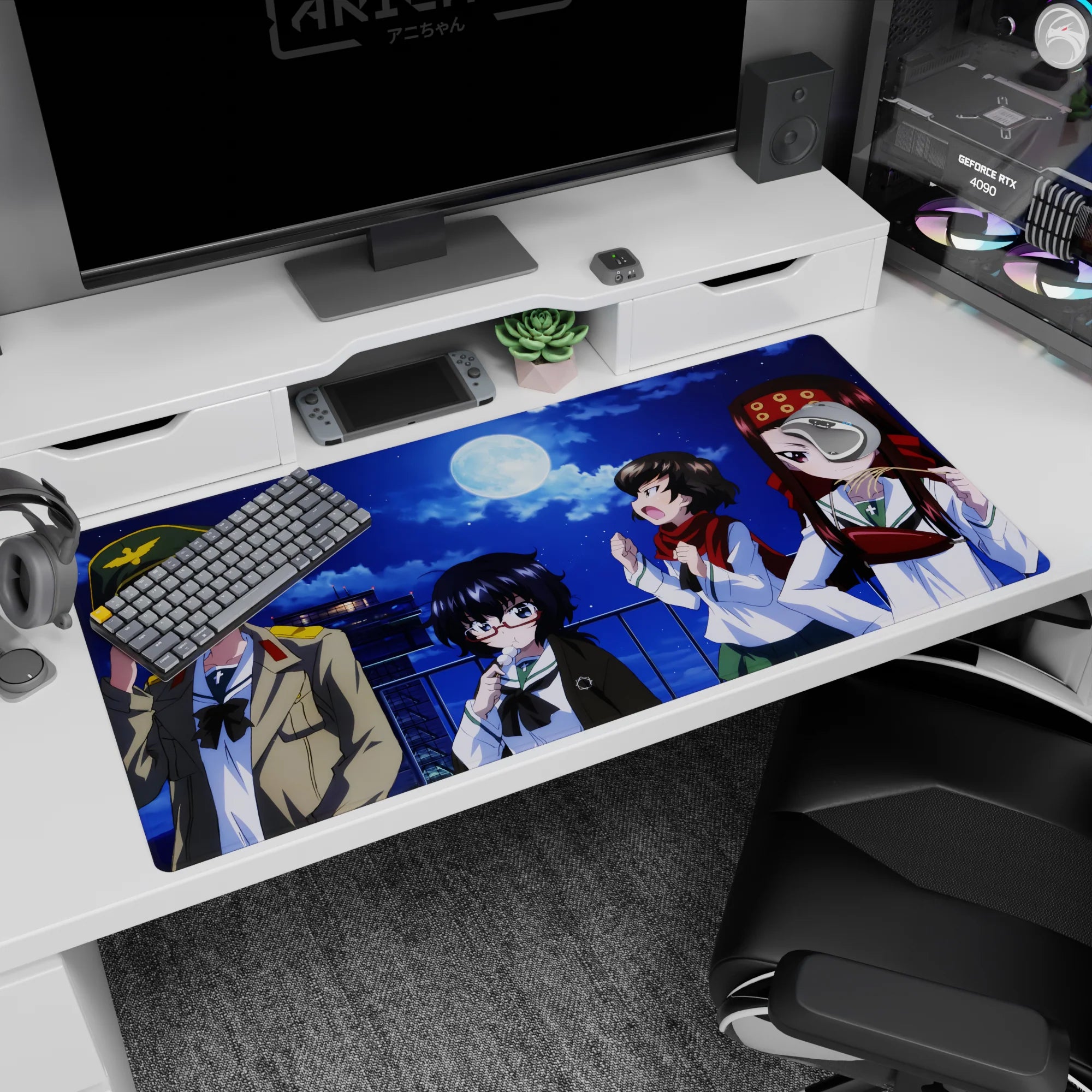 Rooftop moon scene anime girl desk pad 40x20 inches featuring four playful girls posing with snacks.