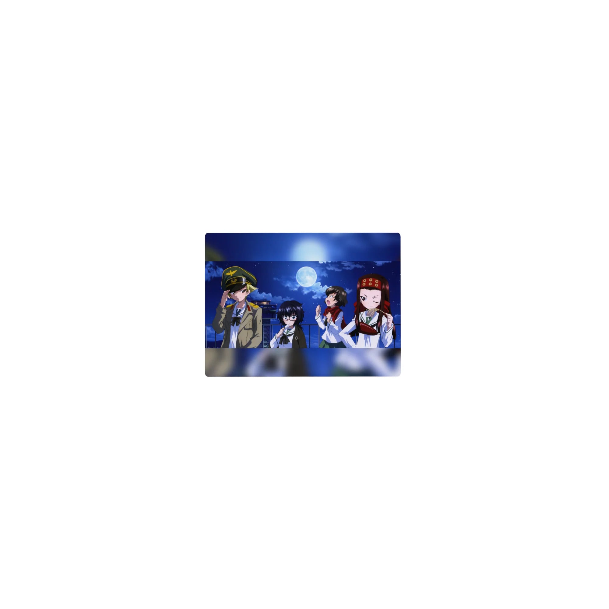 Classic anime girl mouse pad 14x10 inches with four cute rooftop girls under a full moon, snacks and winks.