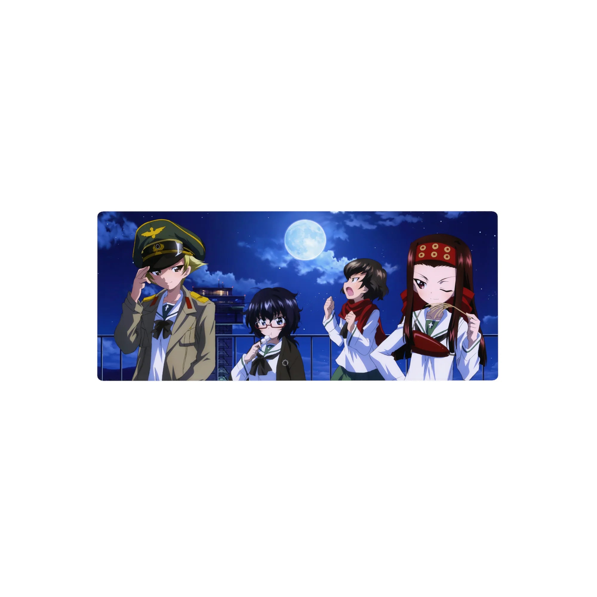 28x12 inches anime girl mouse pad with four cute rooftop girls under a full moon, snacks and winks.