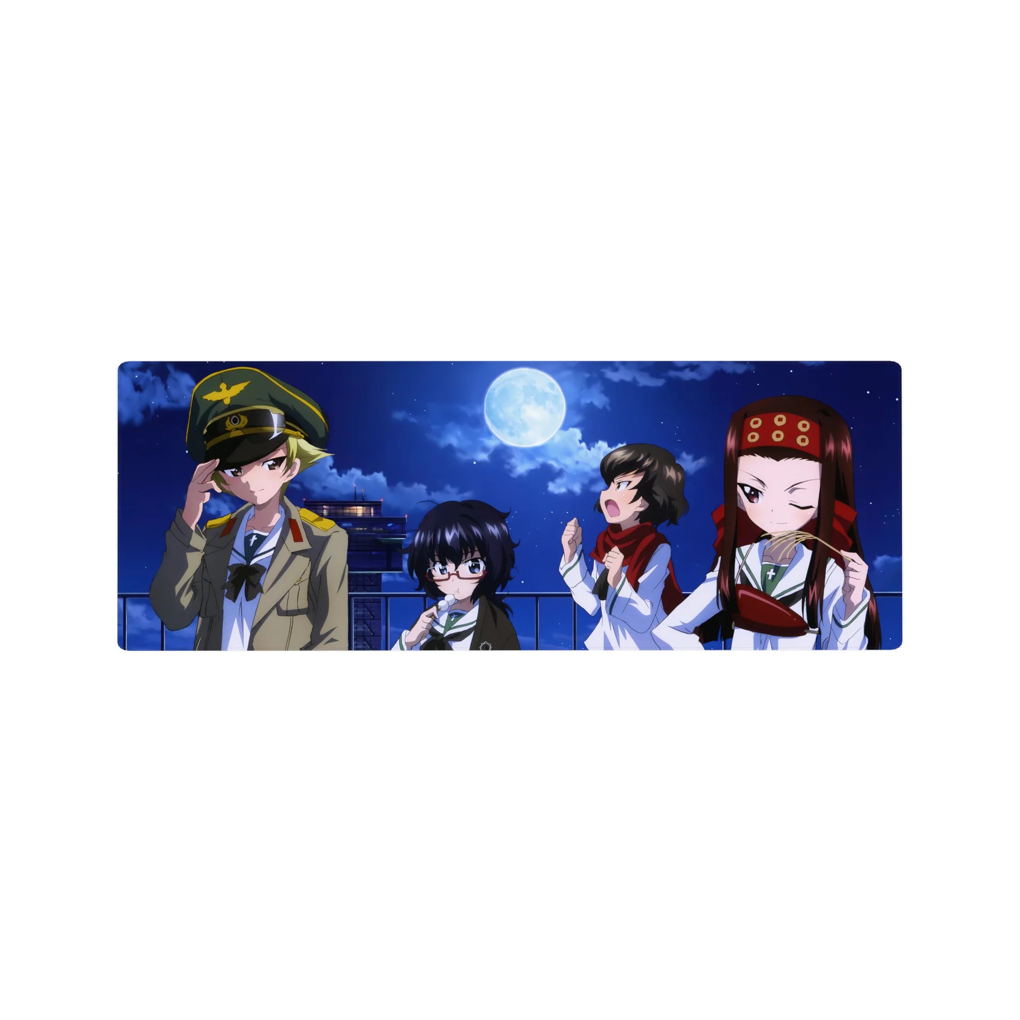 32x12 inches anime girl mouse pad with four cute girls on a rooftop under a full moon at night.