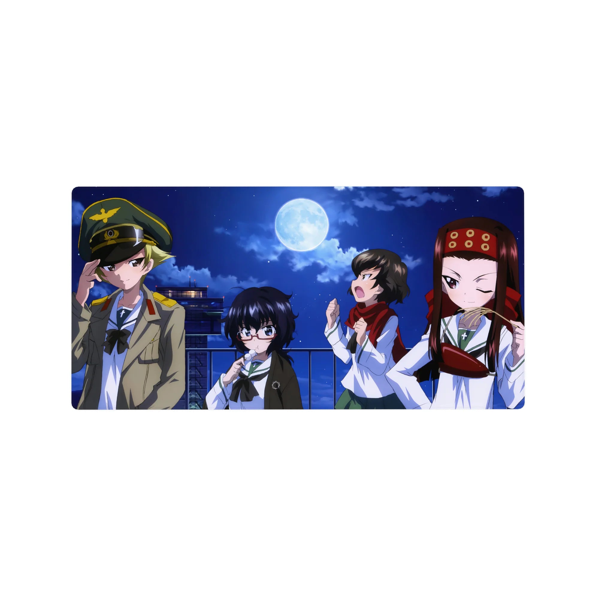 32x16 inches anime girl mouse pad with four cute rooftop girls under a full moon, playful poses and snacks.