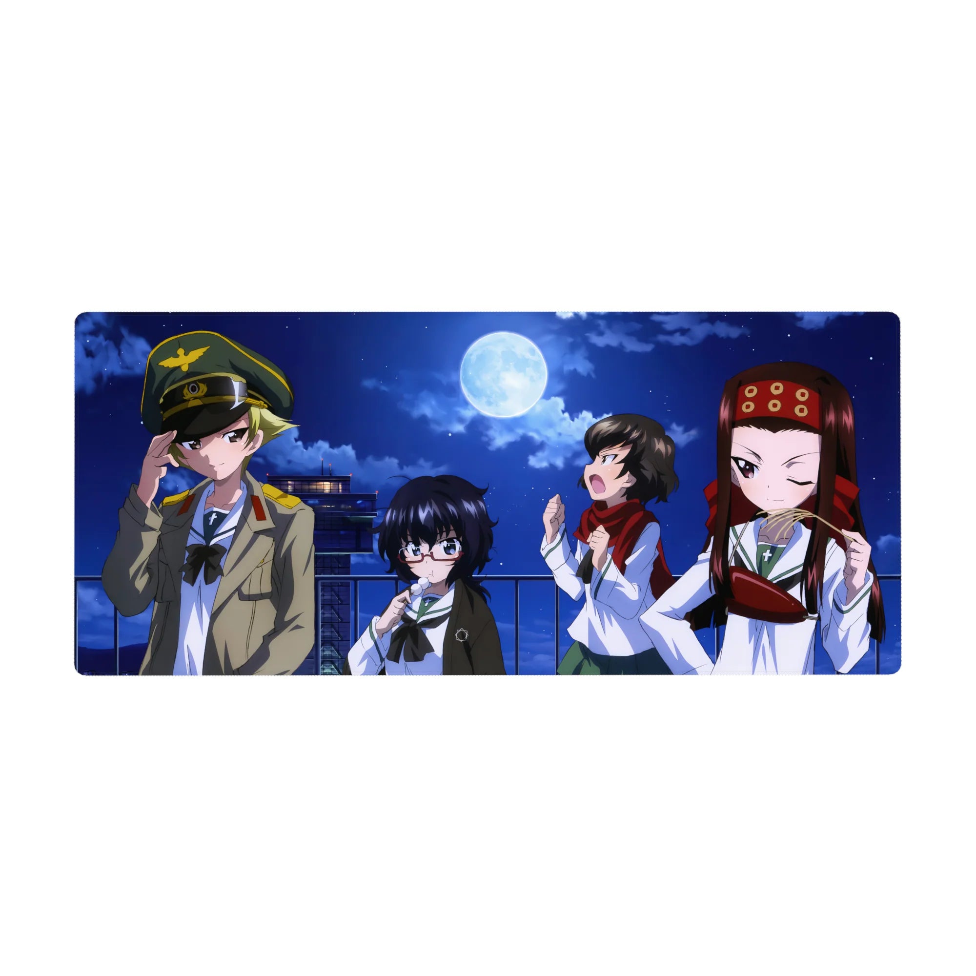 Anime girl desk pad 36x16 inches with four cute rooftop girls under a full moon, winks and snacks.