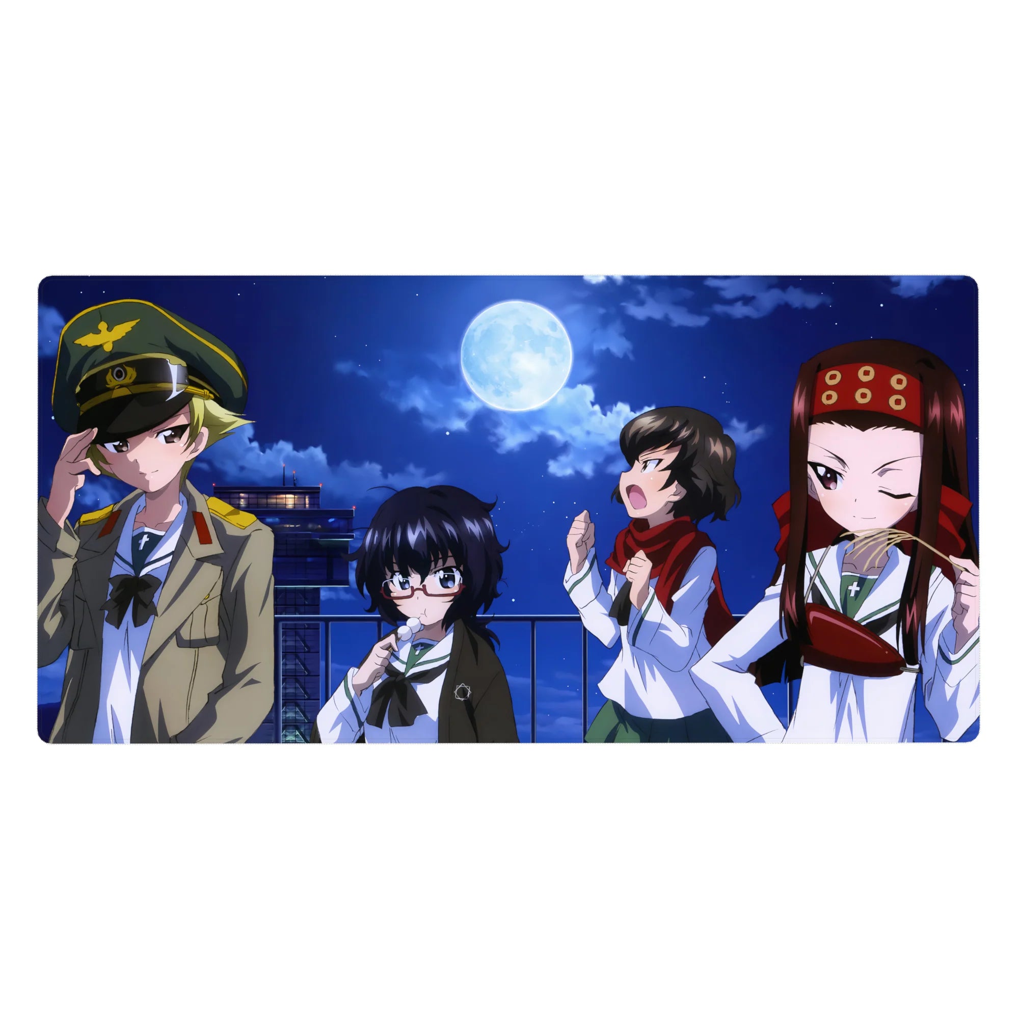 Anime girl desk pad 40x20 inches with four cute rooftop girls under a full moon, winks and snacks.