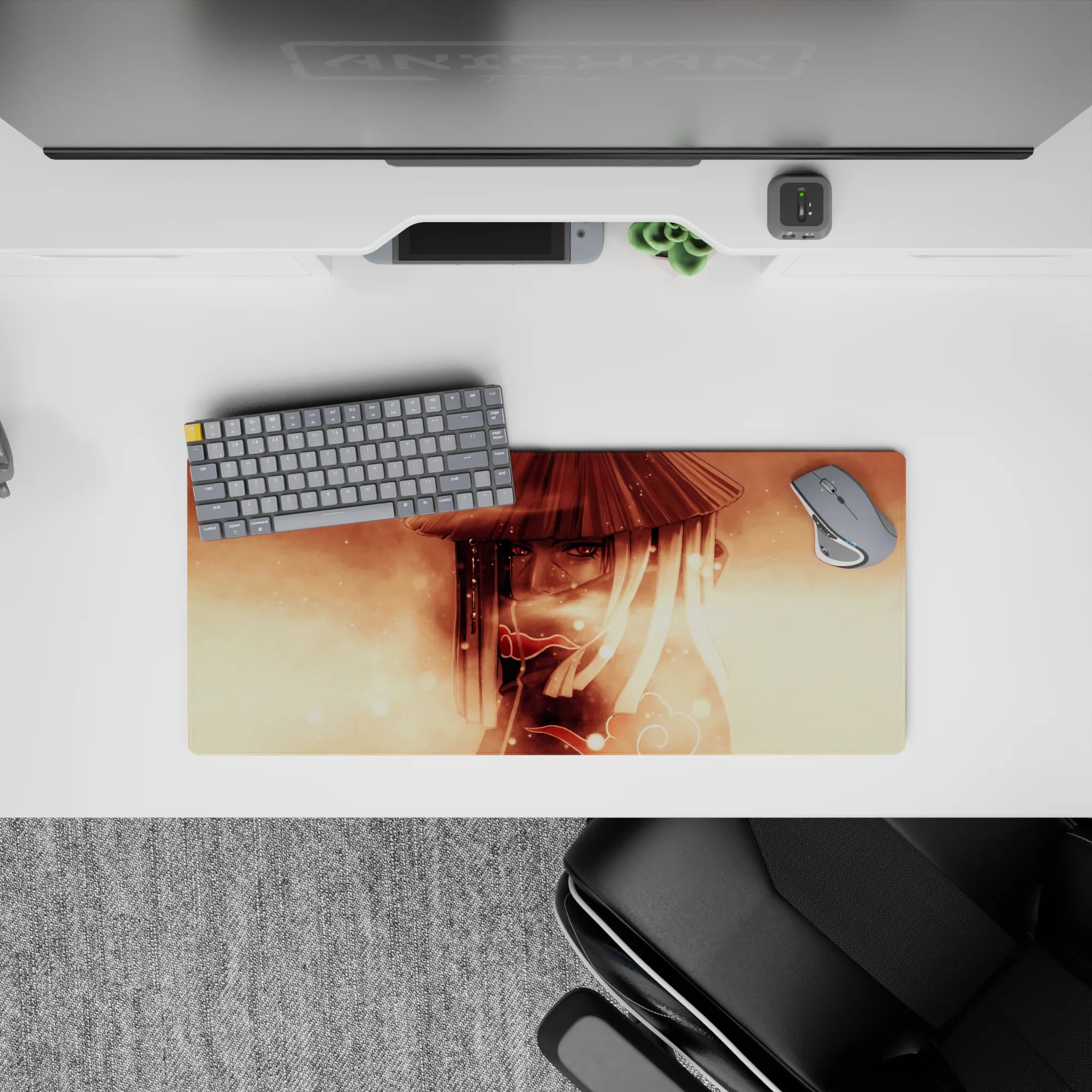 Warm sepia smoke clouds and subtle sparkles anime desk mat 28x12 inches, cozy gradients, red eye pop.