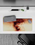 Warm sepia smoke clouds and subtle sparkles anime desk mat 28x12 inches, cozy gradients, red eye pop.