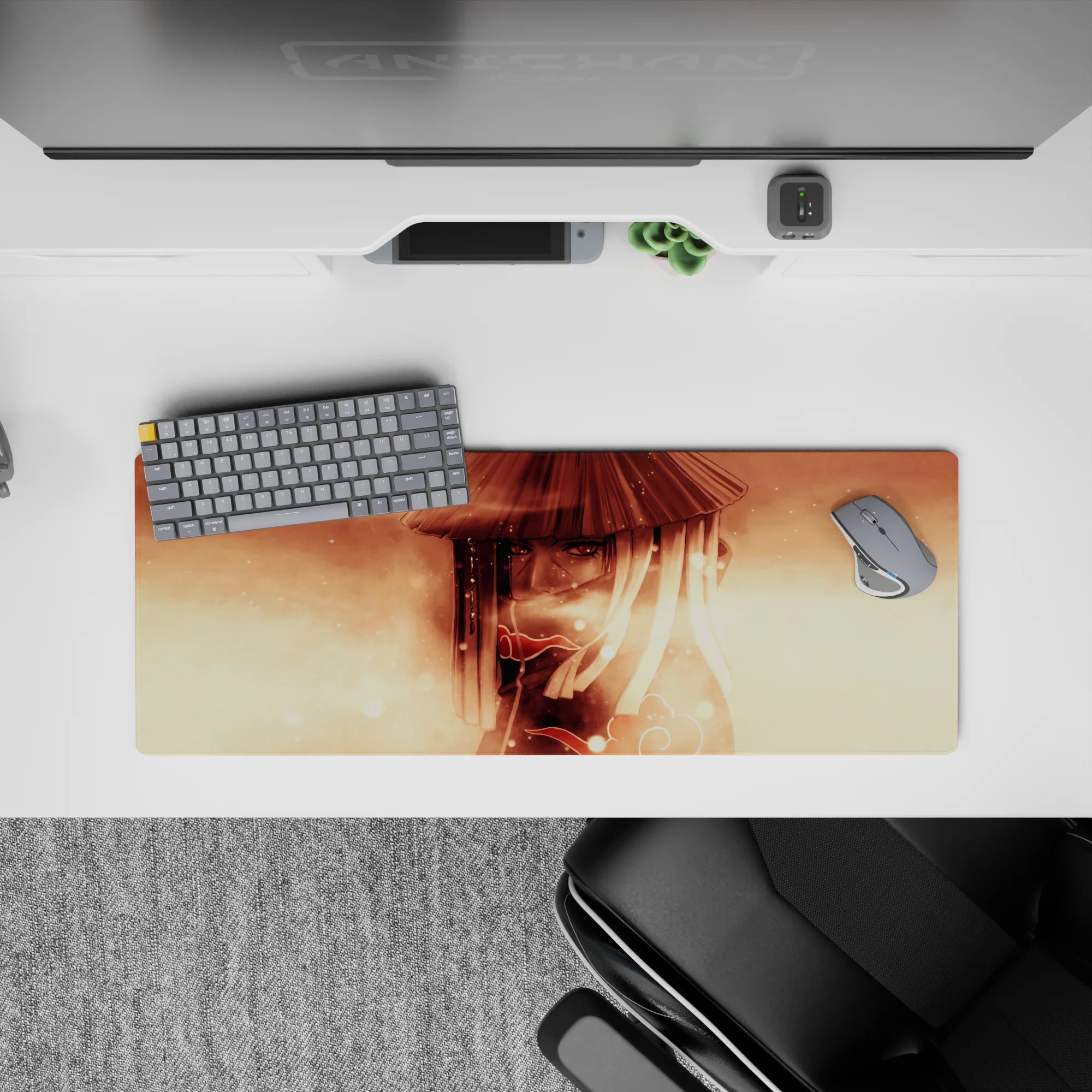Sepia cloud smoke vibe anime desk mat 32x12 inches with warm gradients and red Sharingan glow.