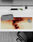 Sepia cloud smoke vibe anime desk mat 32x12 inches with warm gradients and red Sharingan glow.