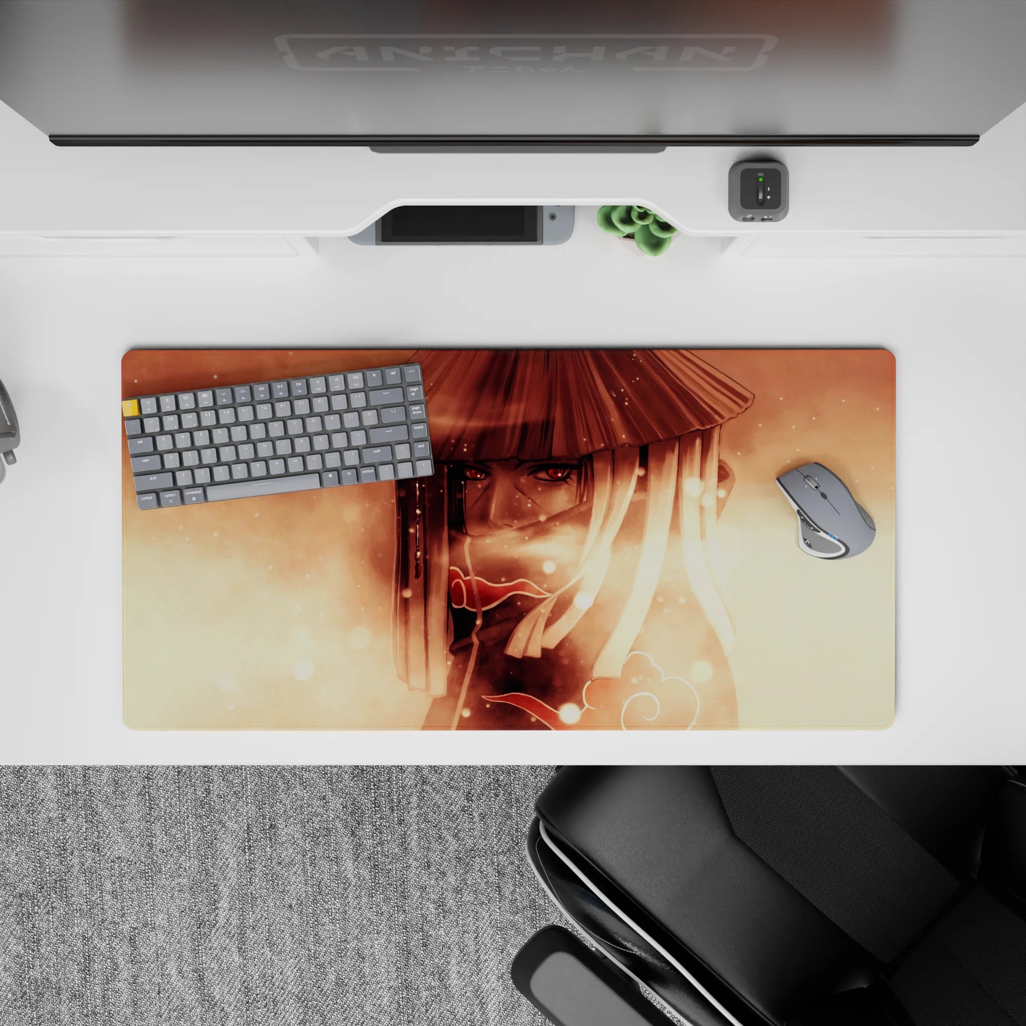 Sepia cloud smoke anime desk mat 32x16 inches with warm gradients and vivid red Sharingan glow.