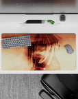 Sepia cloud smoke anime desk mat 32x16 inches with warm gradients and vivid red Sharingan glow.