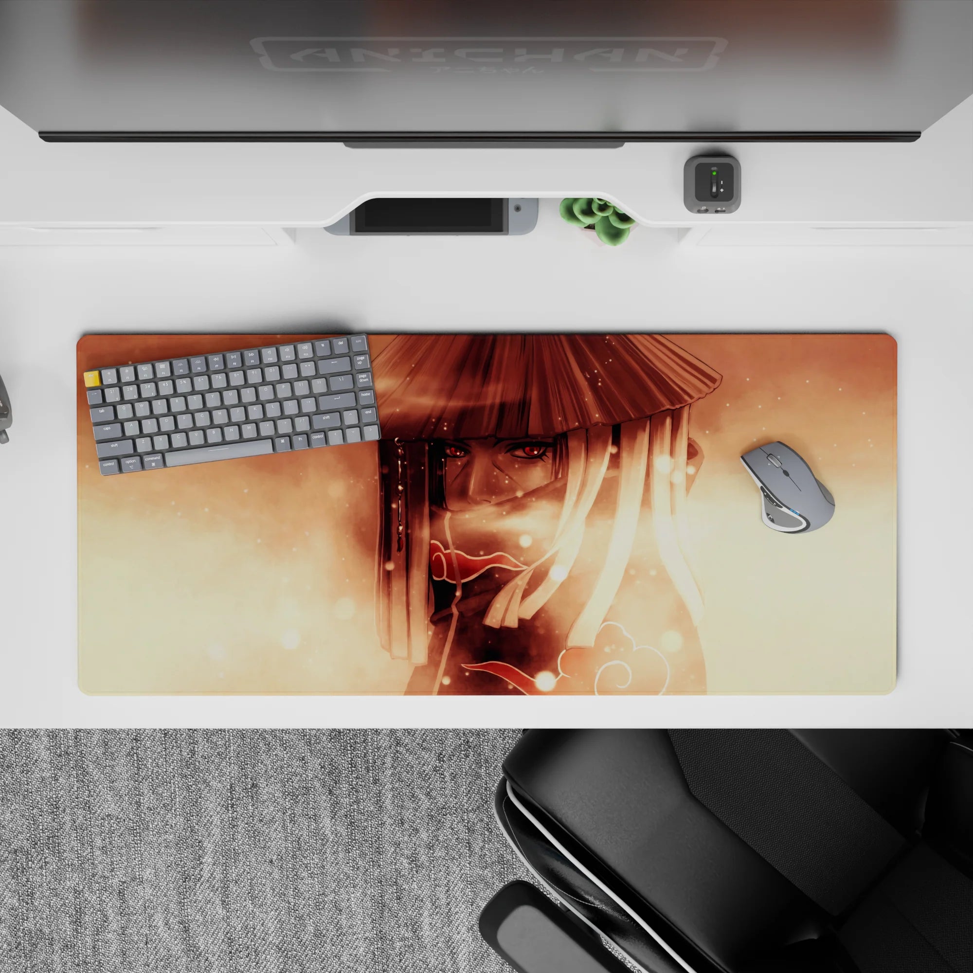 Warm sepia smoke clouds and soft gradients anime desk pad with vivid red eye accents, 36x16 inches.