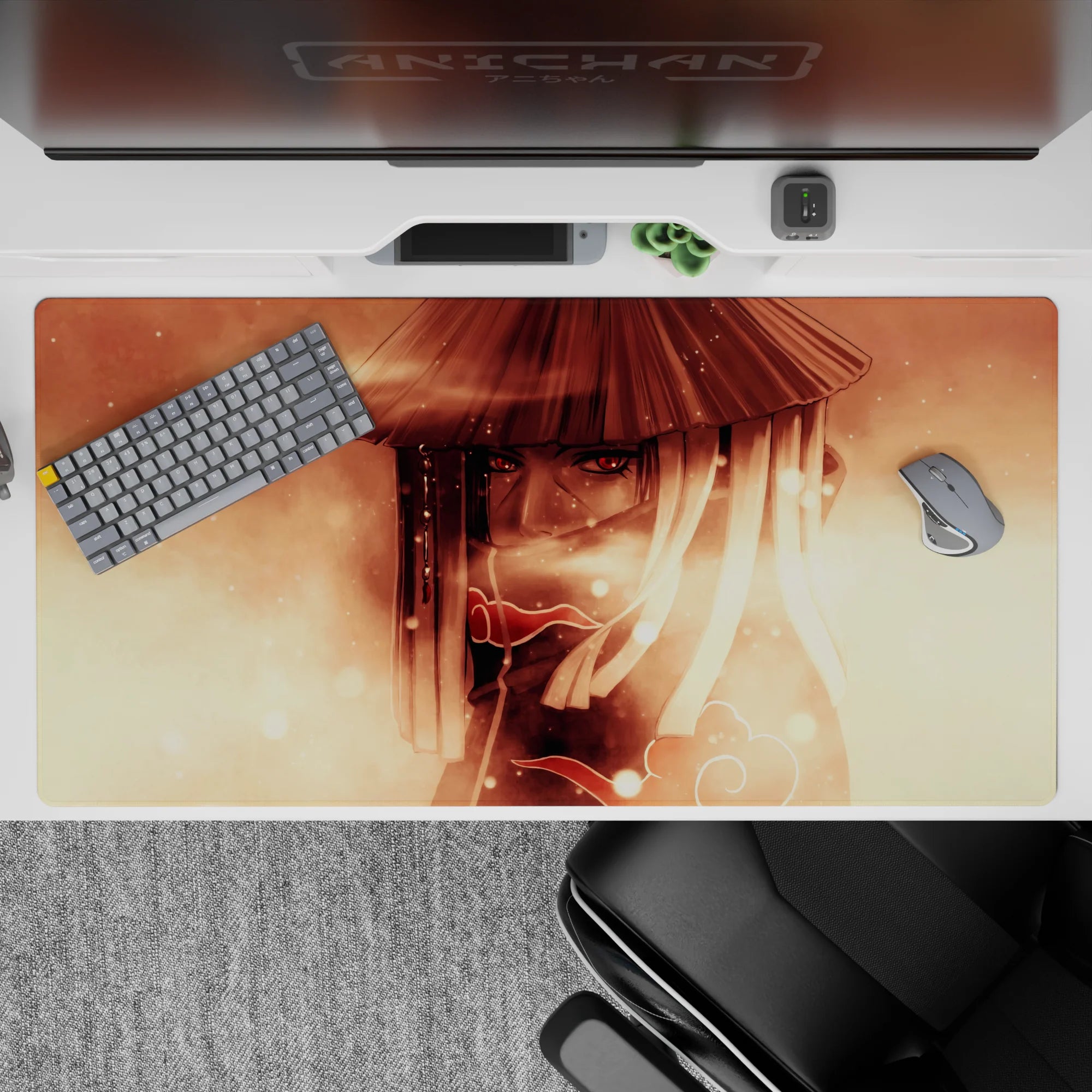 Sepia cloud swirl anime desk pad 40x20 inches with warm smoky tones, soft gradients, red Sharingan pop.