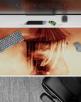 Sepia cloud swirl anime desk pad 40x20 inches with warm smoky tones, soft gradients, red Sharingan pop.