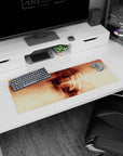 Itachi Uchiha staring through drifting light on 32x12 inches anime mouse pad, Akatsuki cloak and hat.