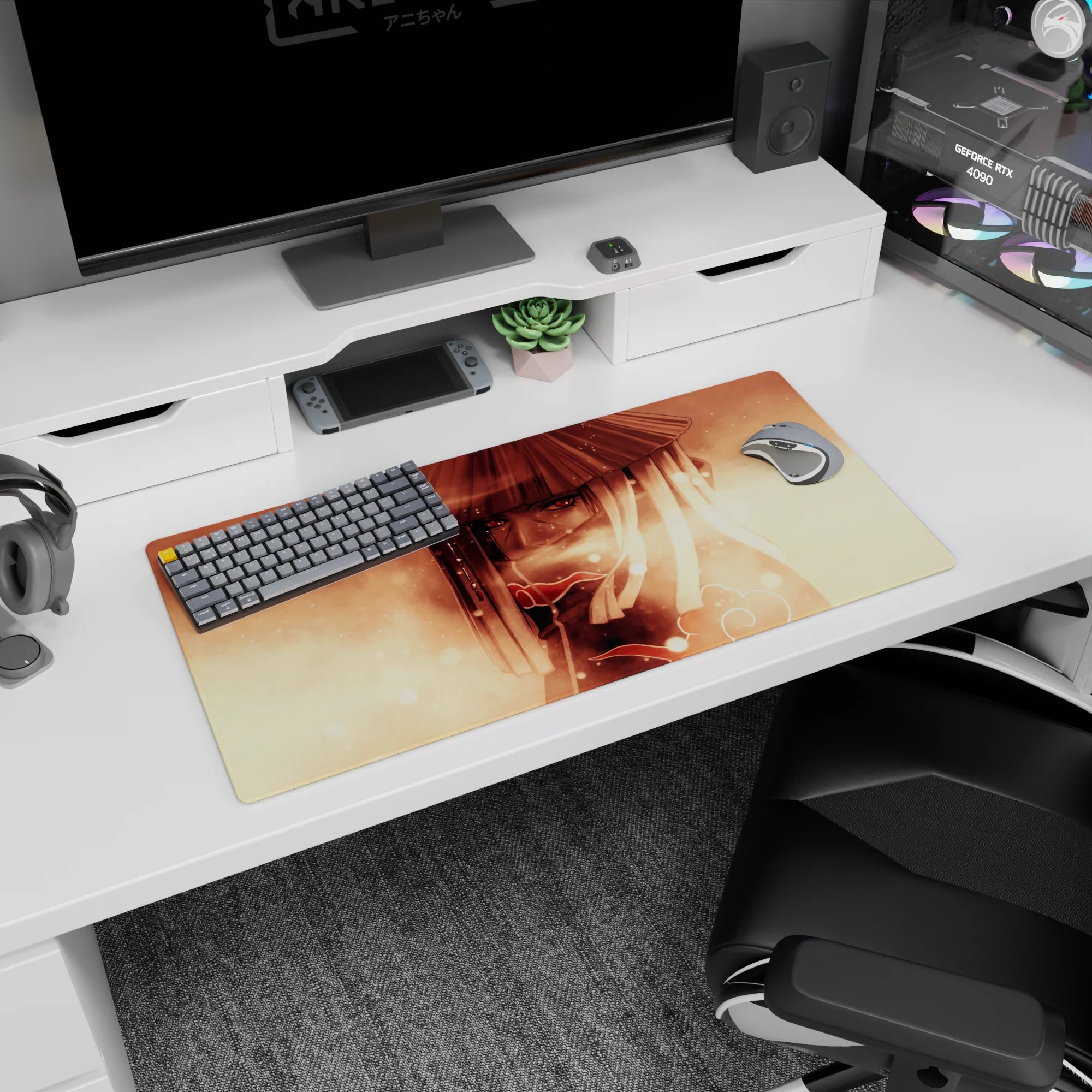 Itachi Uchiha staring through drifting light on a 32x16 inches anime mouse pad, Akatsuki hat and cloak.