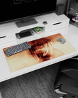 Itachi Uchiha staring through drifting light on a 32x16 inches anime mouse pad, Akatsuki hat and cloak.