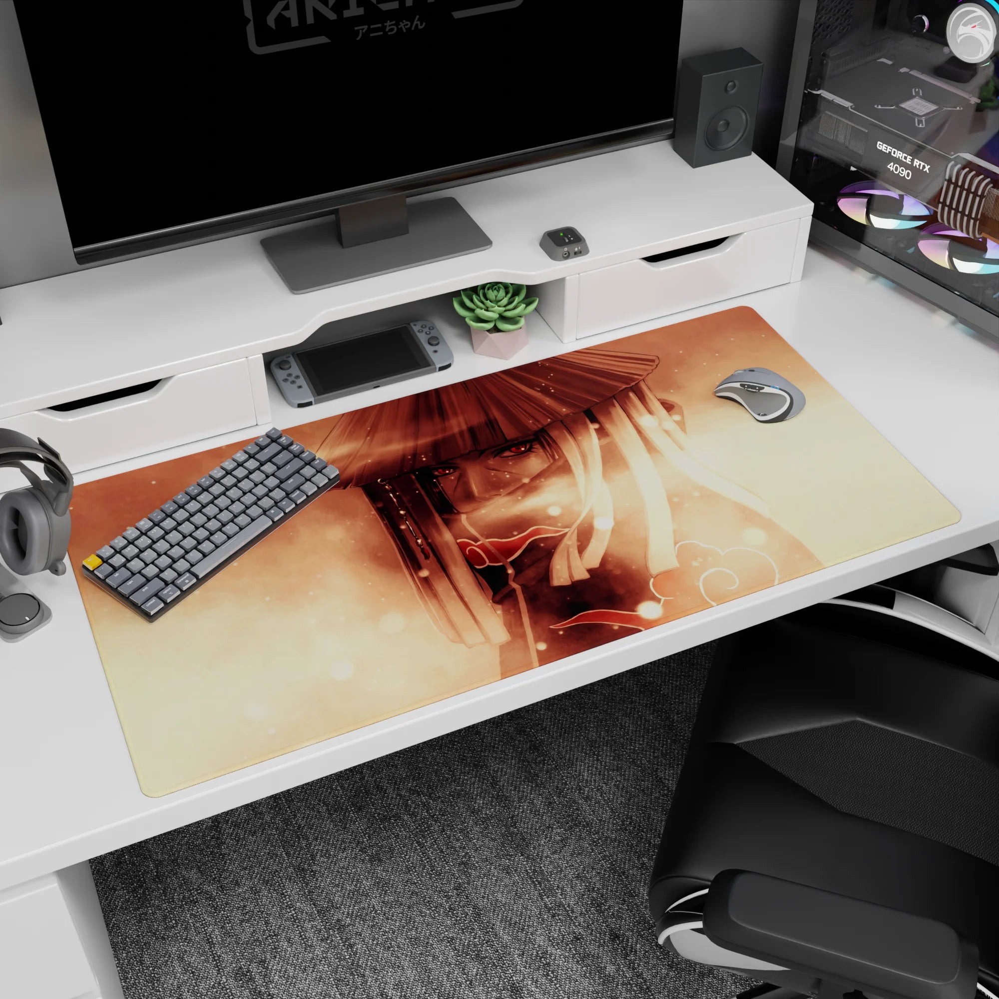 Itachi Uchiha staring through drifting light on desk pad 40x20 inches, Akatsuki cloak and hypnotic eyes.