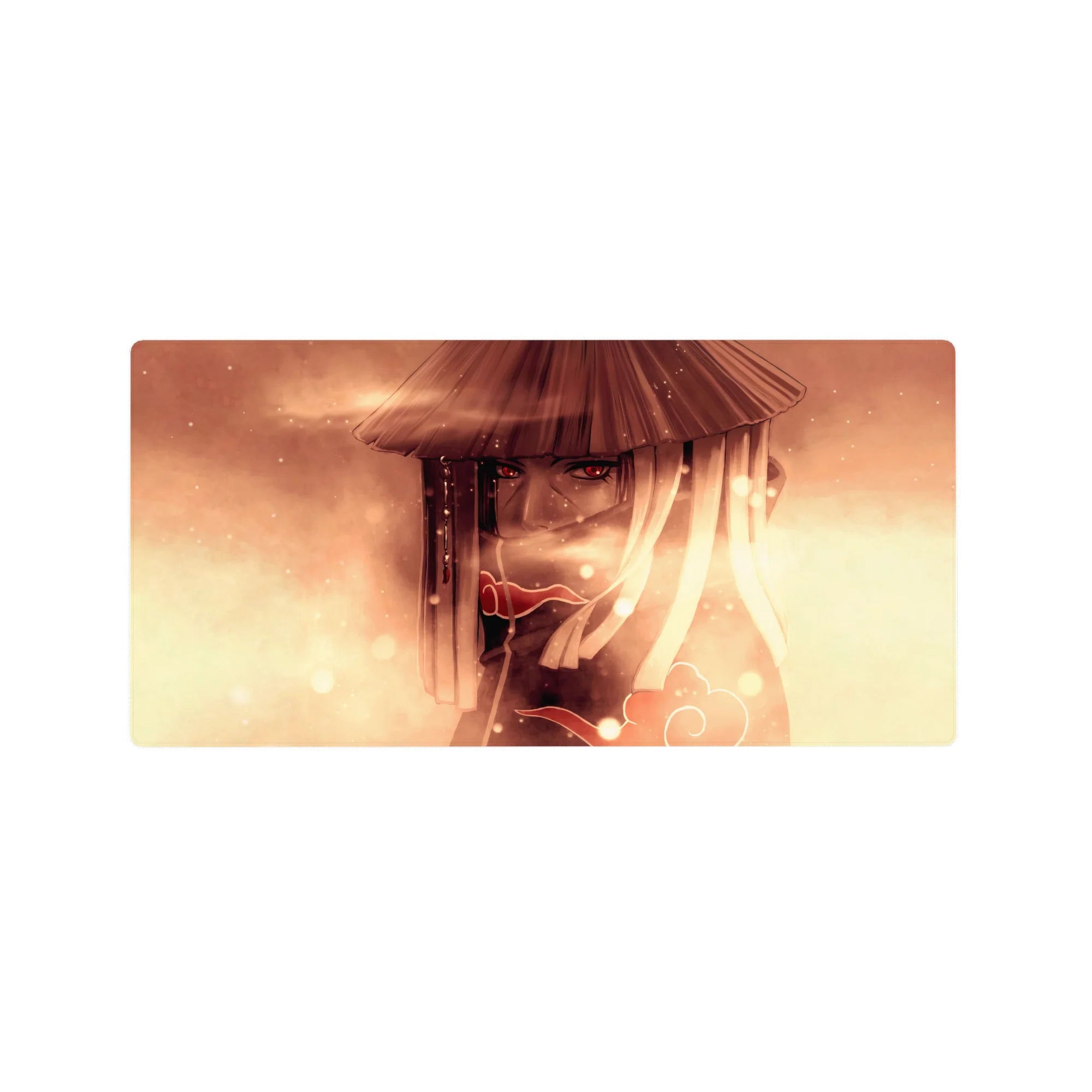 Naruto Itachi Uchiha anime mouse pad 32x16 inches with Akatsuki cloak, straw hat, and sparkles.