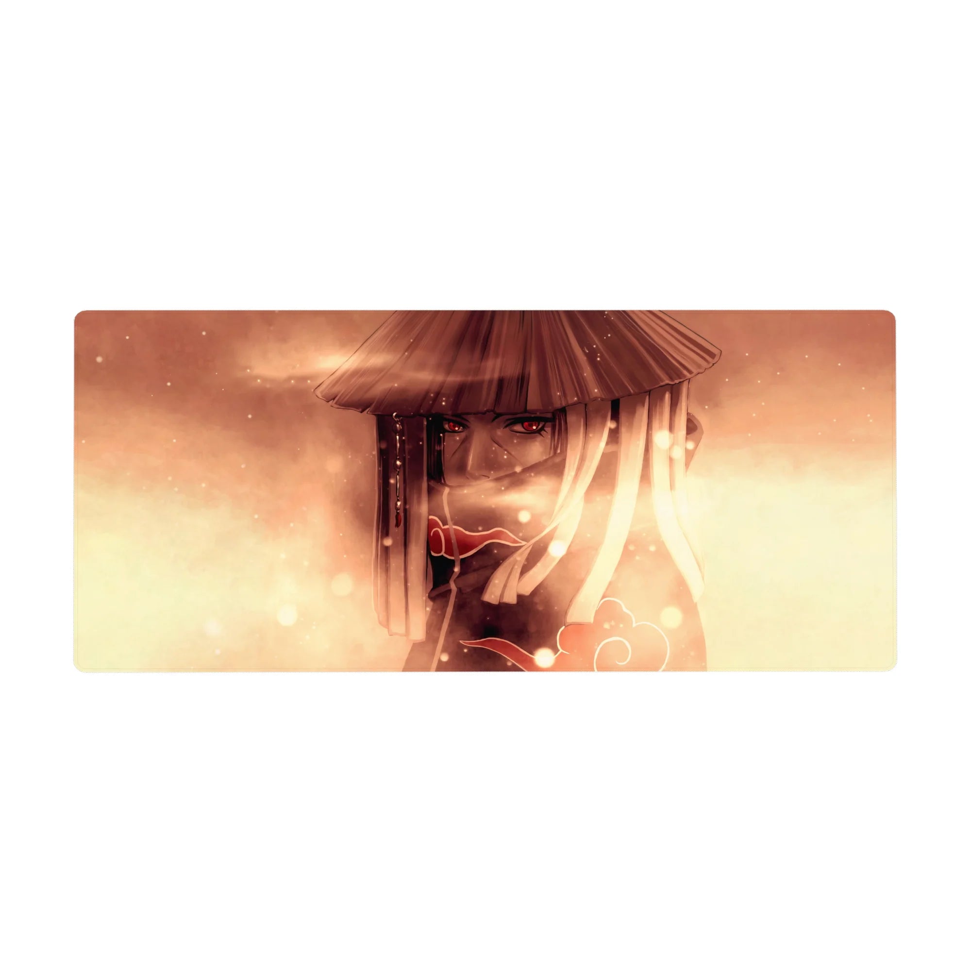 Sepia Itachi Akatsuki anime desk pad with straw hat, sparkles, and Sharingan, 36x16 inches.
