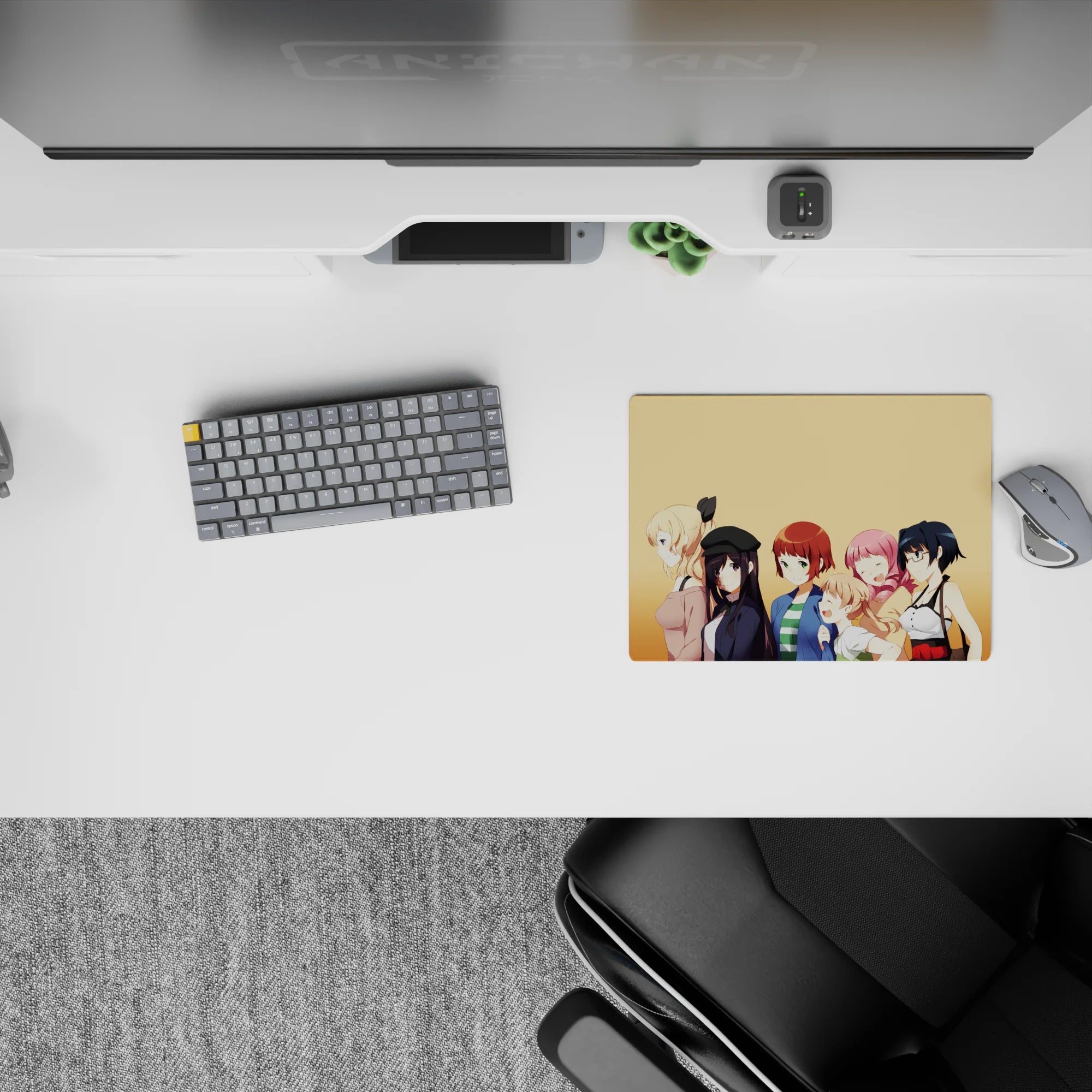 Peach-toned classic anime girl mouse pad 14x10 inches, bright cozy vibe with cute cheeky faces.