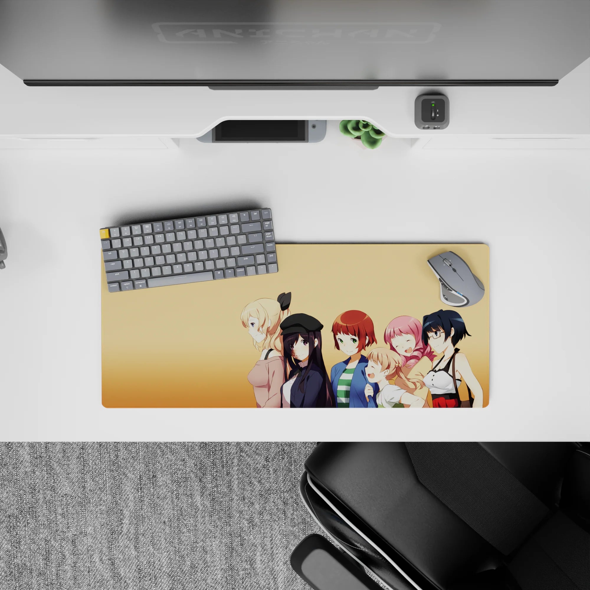 28x12 inches anime girl mouse pad in bright pastel tones, cozy cute mood, clean lines and playful poses.