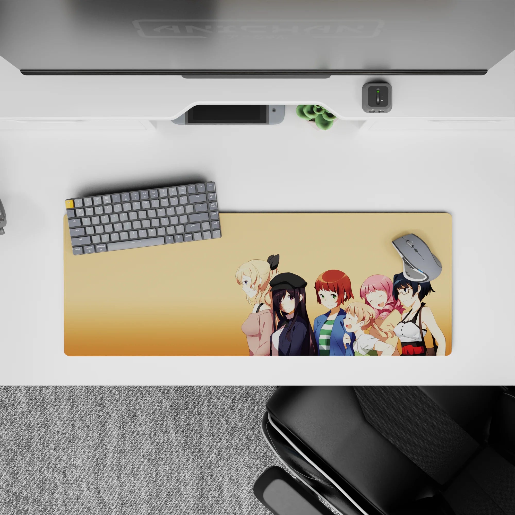 Cheerful peach-tone anime girl mouse pad 32x12 inches, bright clean line art for gaming and study.