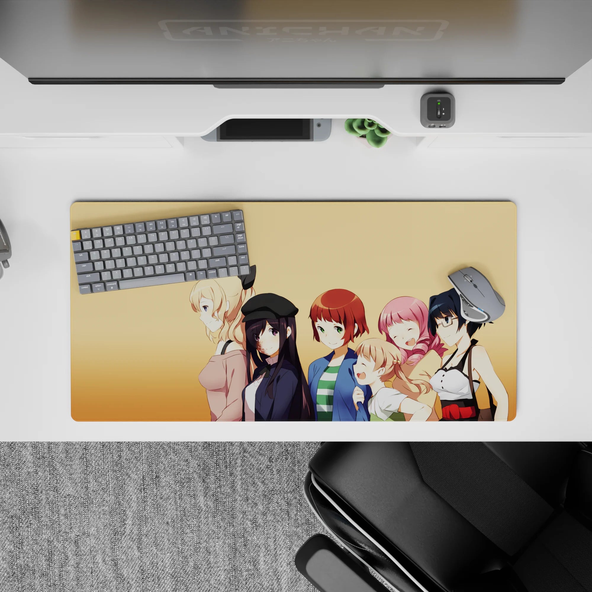 32x16 inches anime girl mouse pad in soft peach tones, bright clean lines, cozy cheeky desk vibe.