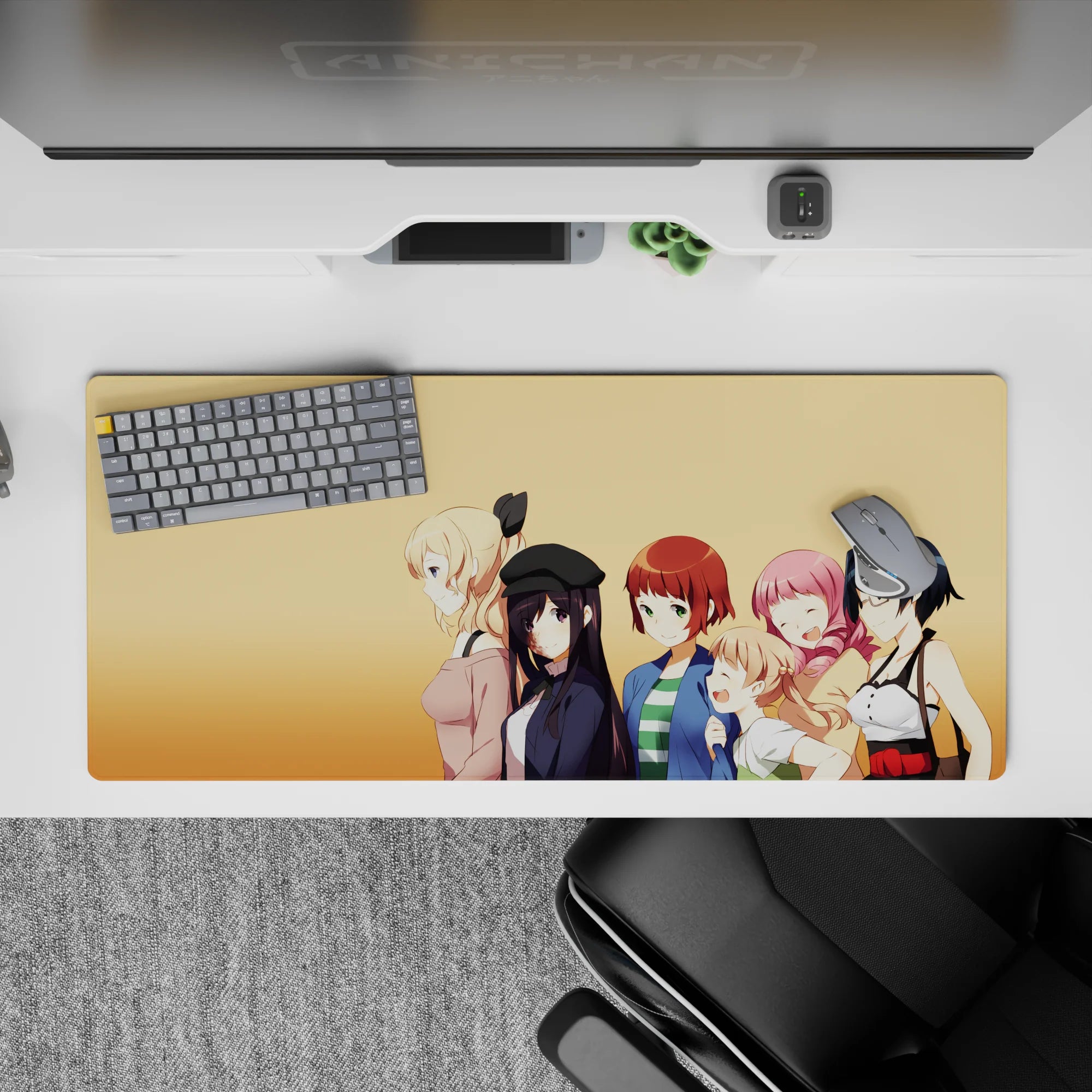 36x16 inches kawaii anime desk pad in soft peach tones, bright and cheeky mood for gaming or study.