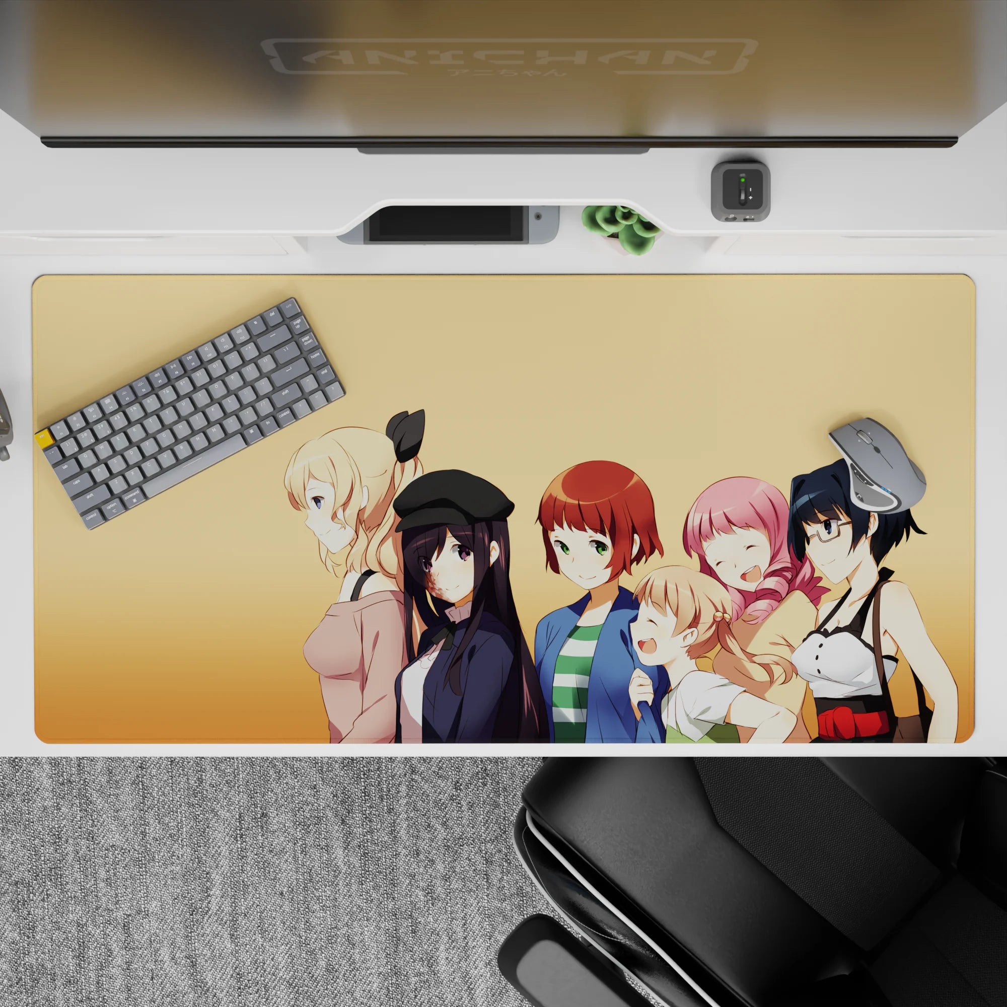 Bright peach anime girl desk pad 40x20 inches, cozy cheerful vibe with clean lines and cute expressions.