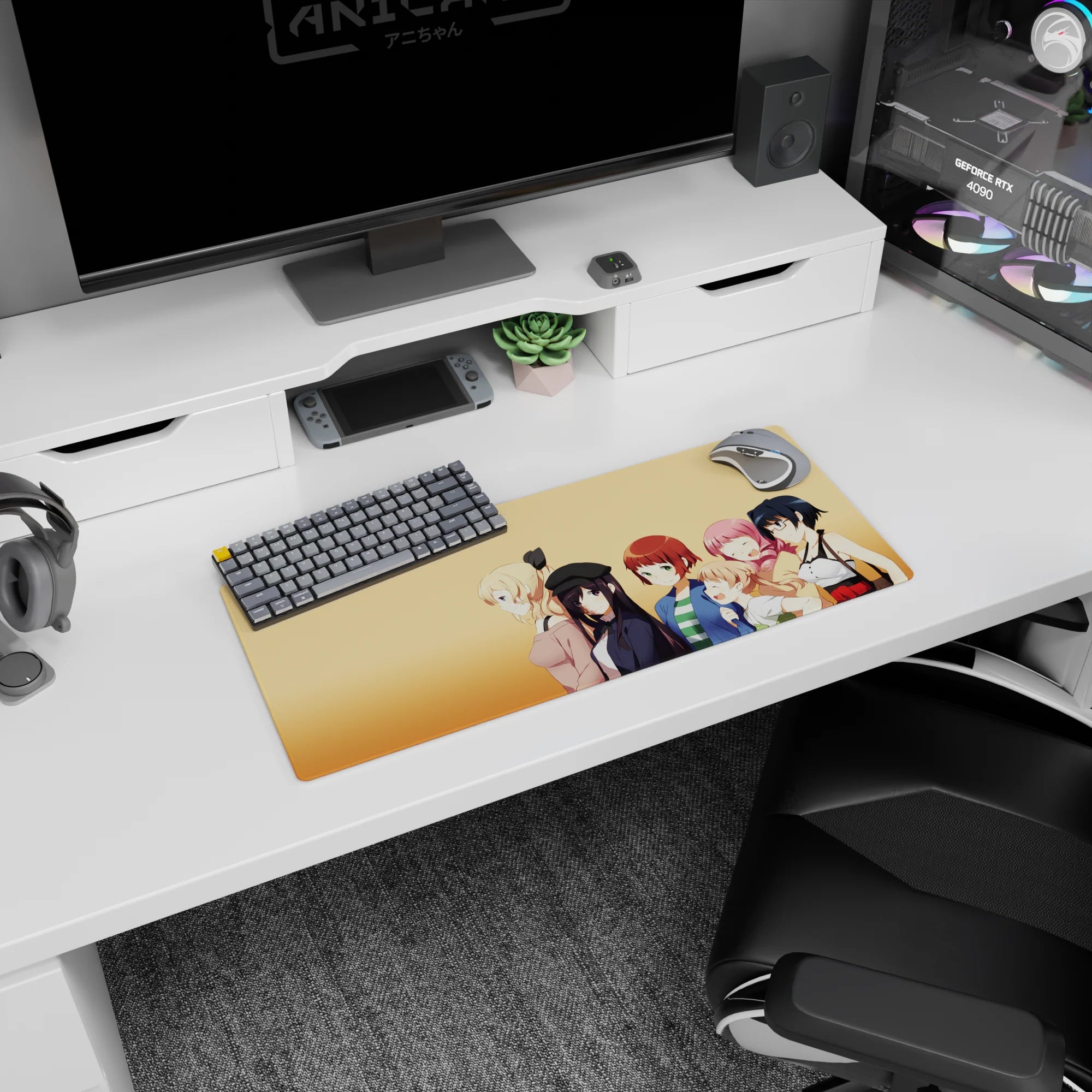 28x12 inches anime girl mouse pad featuring blonde girl with bow beside a calm beret girl and friends.