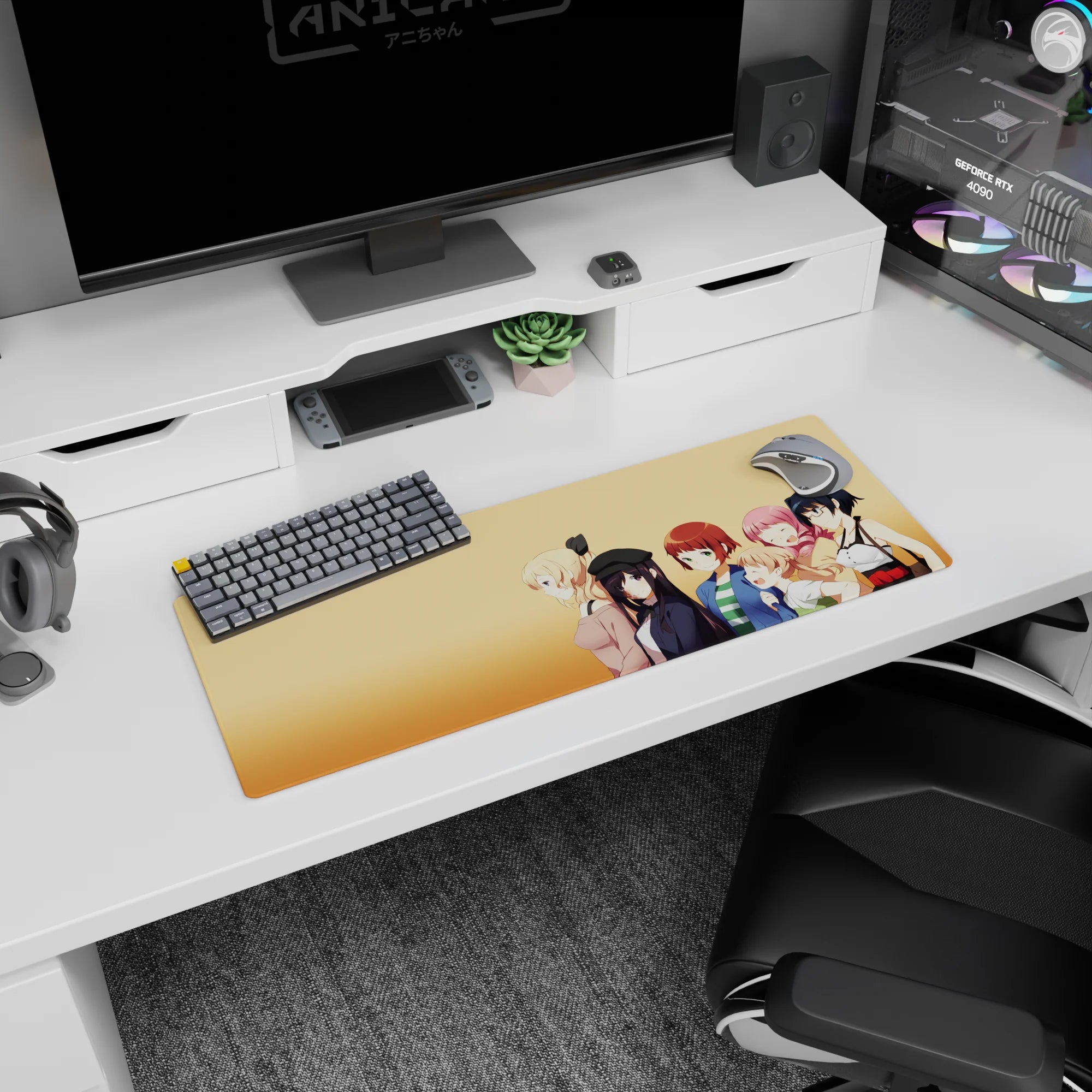 Anime girl mouse pad 32x12 inches featuring a blonde with bow and beret girl with friends smiling.