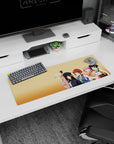 Anime girl mouse pad 32x12 inches featuring a blonde with bow and beret girl with friends smiling.