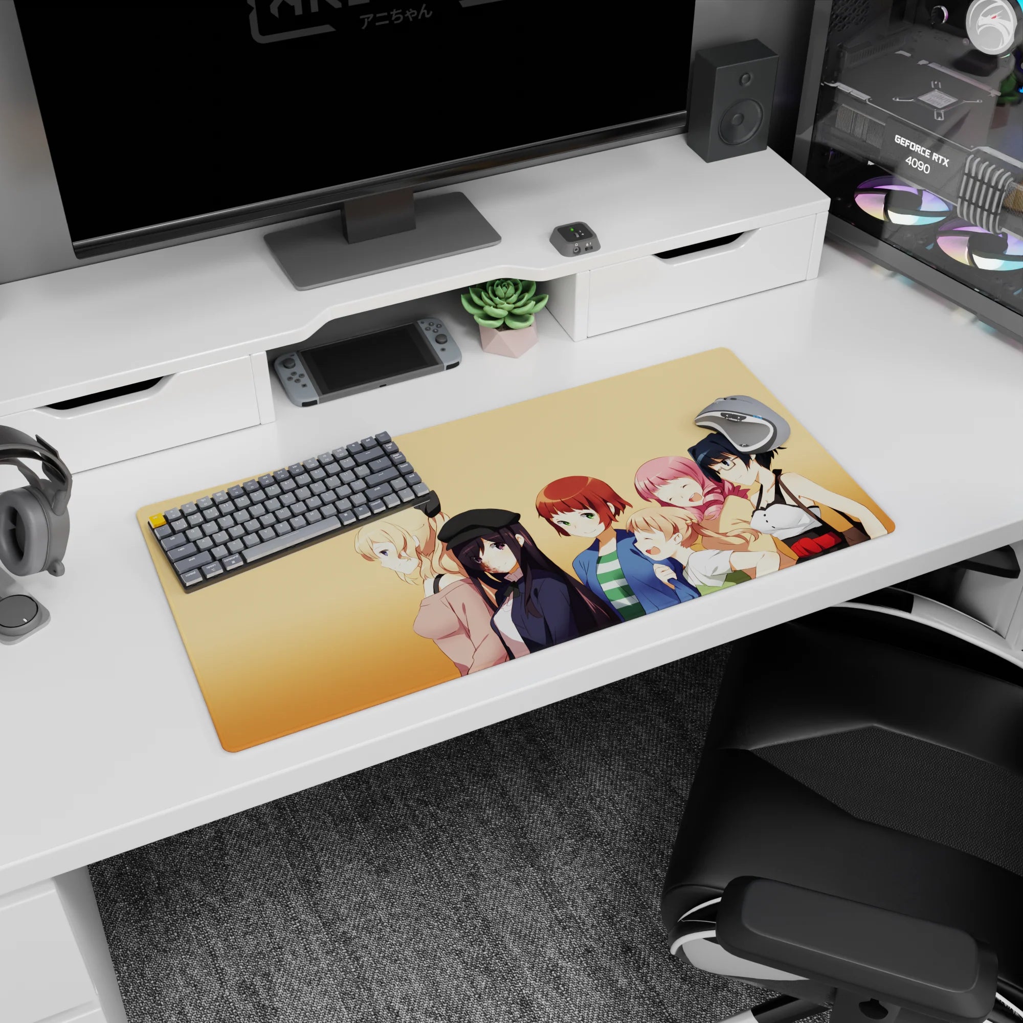 32x16 inches anime girl mouse pad featuring a blonde with bow beside a calm beret girl and friends.
