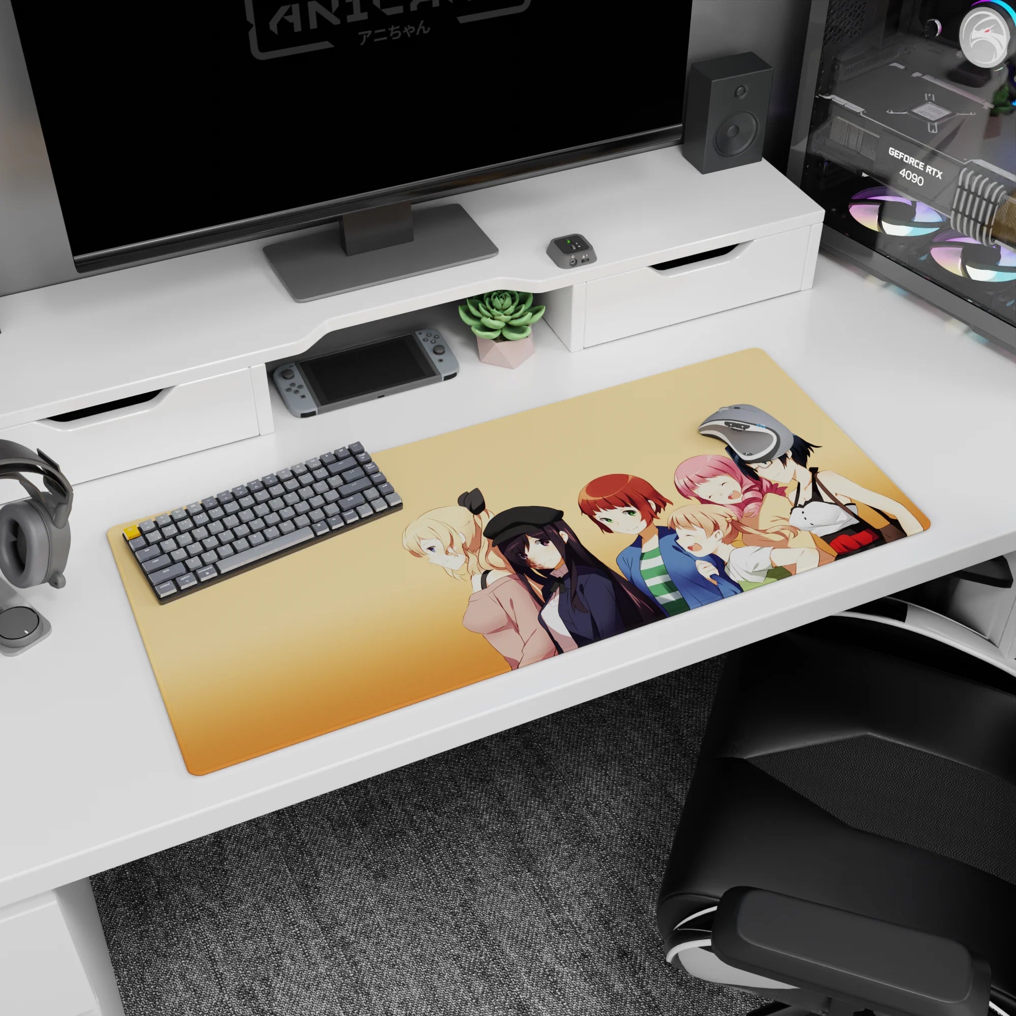 36x16 inches anime desk pad featuring blonde girl with bow and pink-haired wink, plus cute friends.