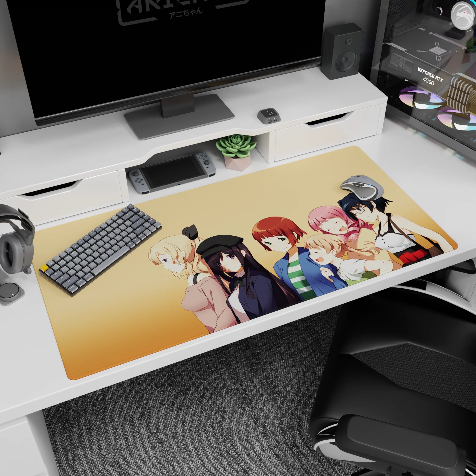 Anime girl desk pad 40x20 inches featuring a blonde with bow plus beret girl, pink wink, redhead, glasses.
