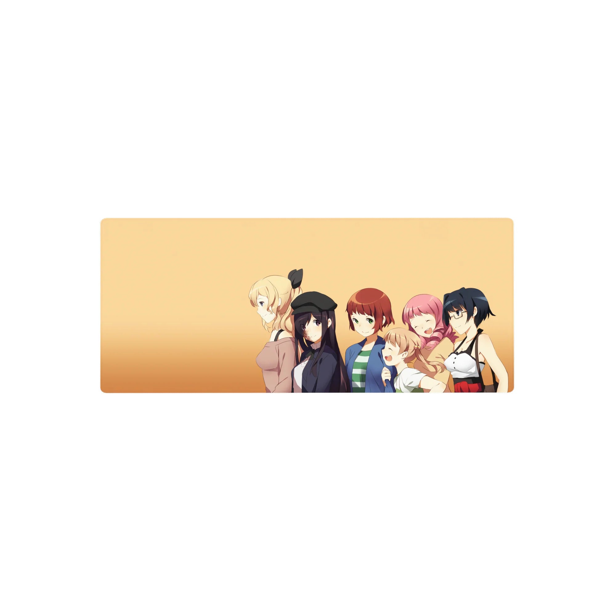 28x12 inches anime girl mouse pad with five smiling slice-of-life girls on a soft peach background.