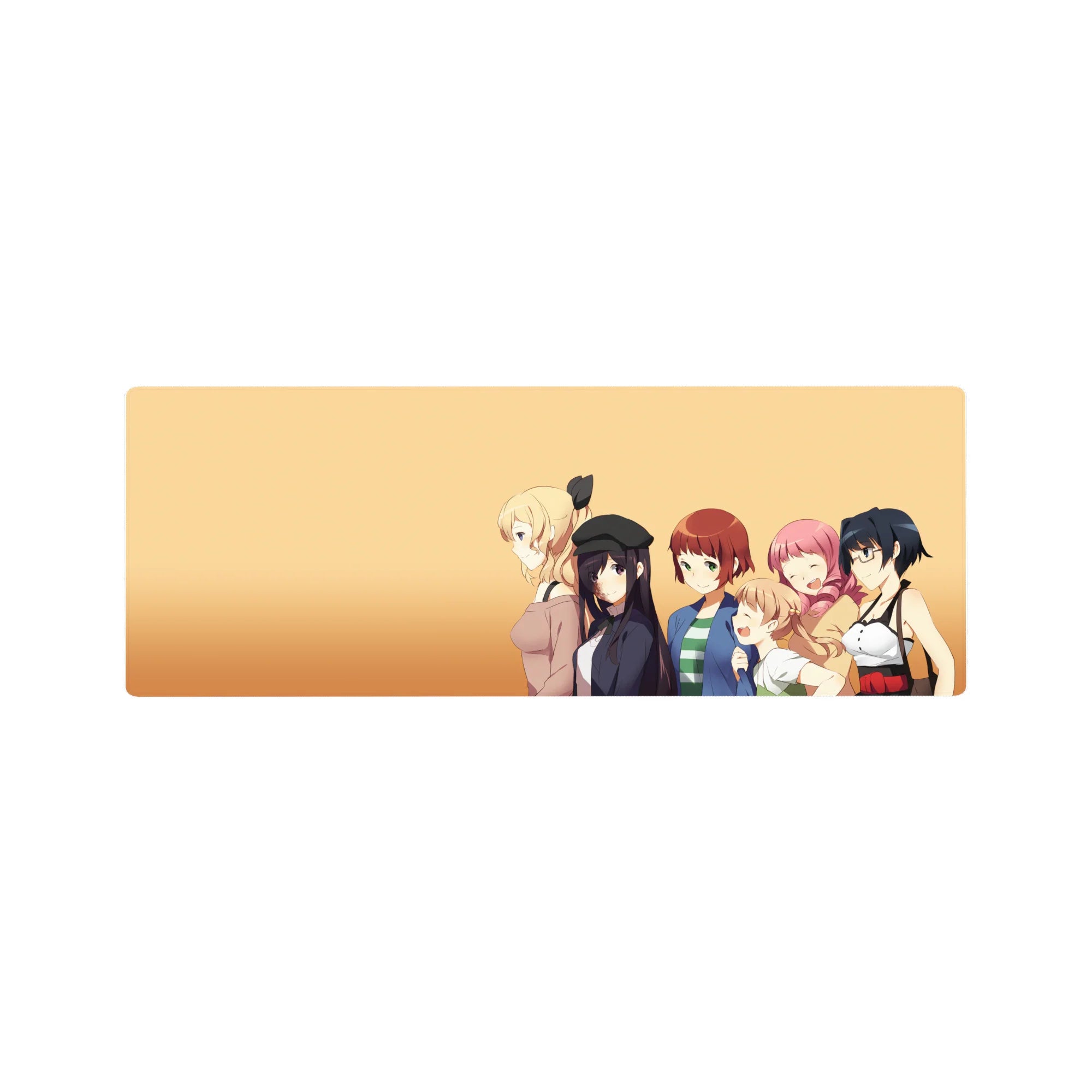 Anime girl mouse pad 32x12 inches with five cute slice-of-life girls posing on a peach background.