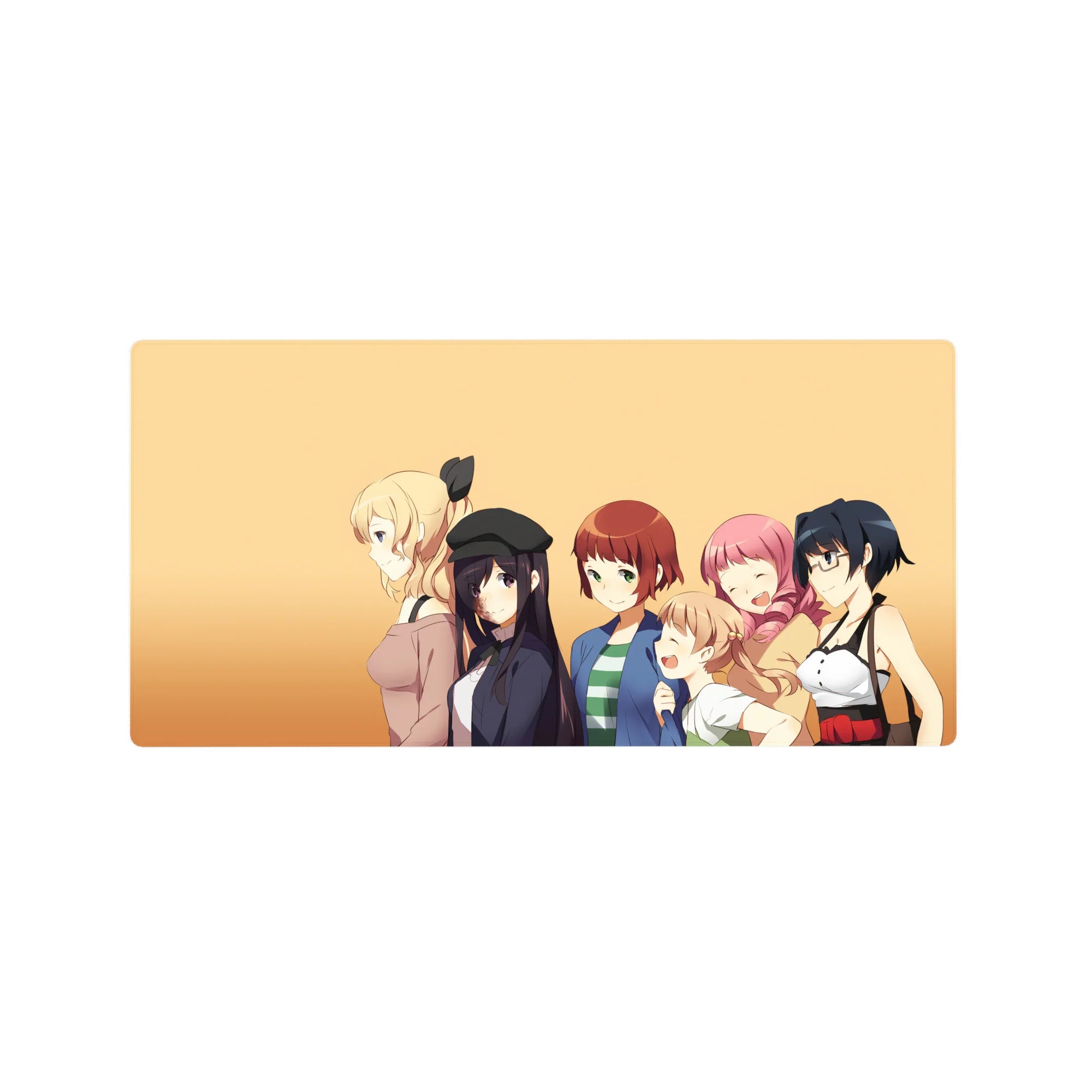 32x16 inches anime girl mouse pad with five smiling slice-of-life girls in playful poses on peach.