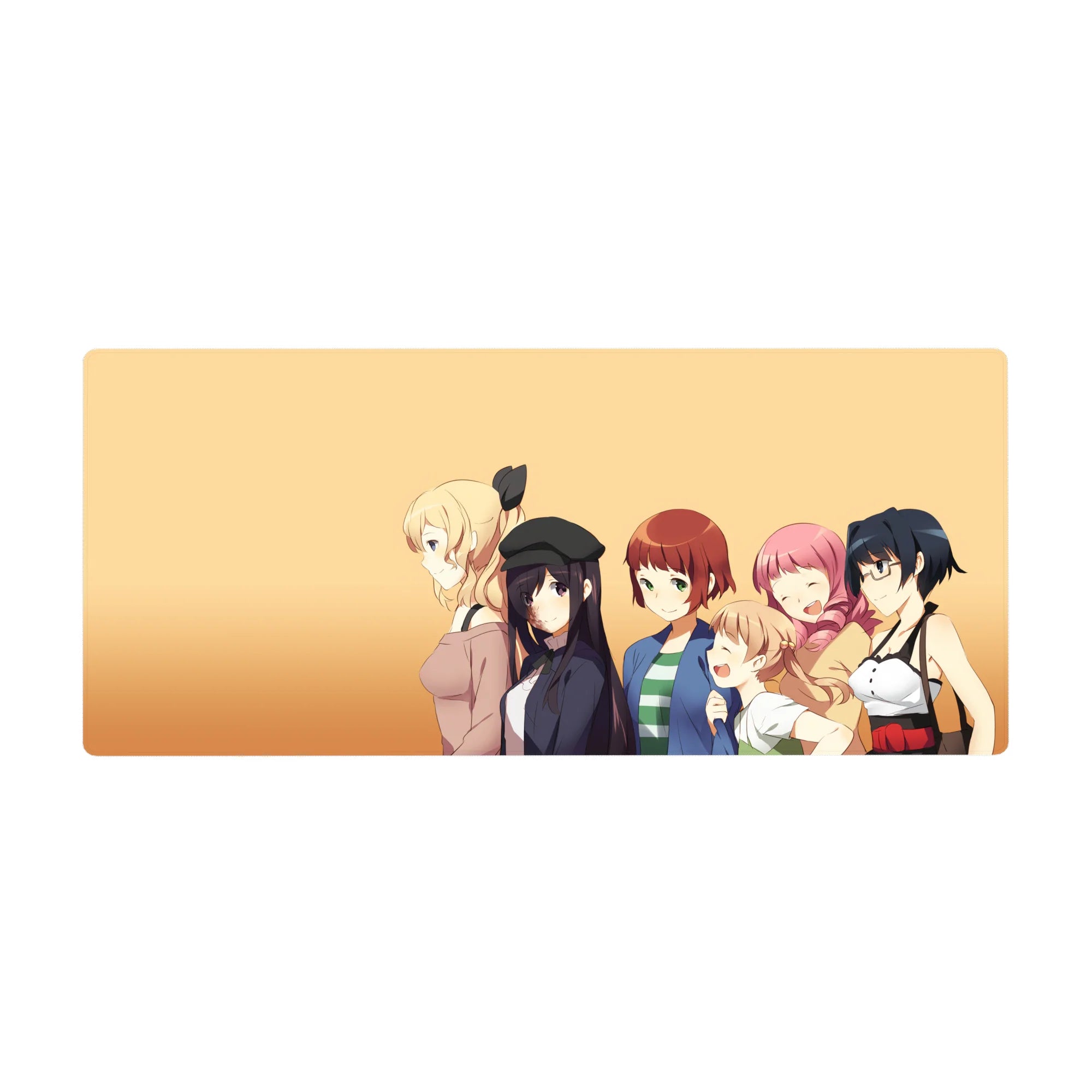 36x16 inches anime girl desk pad with five smiling slice-of-life girls in playful poses on peach.