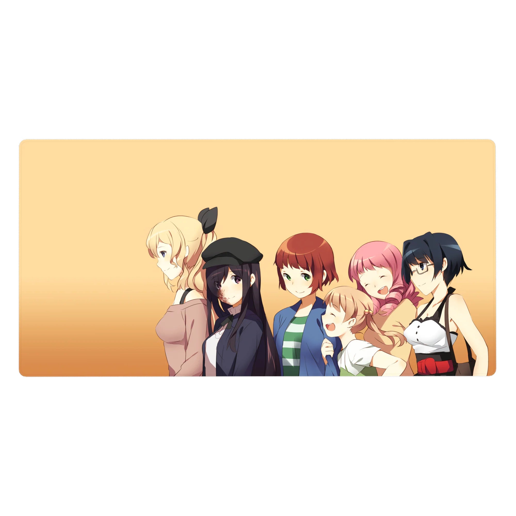 Anime girl desk pad 40x20 inches with five smiling slice-of-life girls in playful poses on peach.