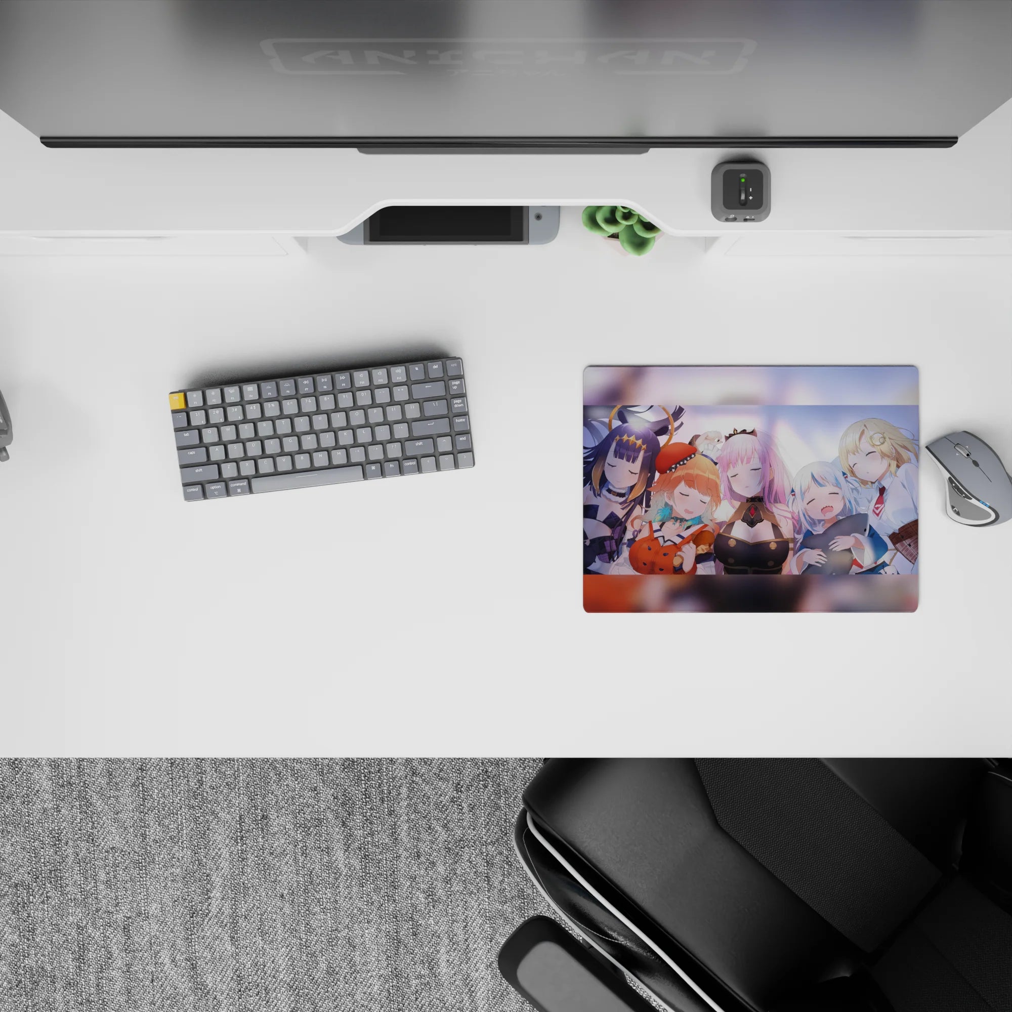 Pastel purple and warm blush anime girl mouse pad 14x10 inches with gentle glow and cozy vibes.