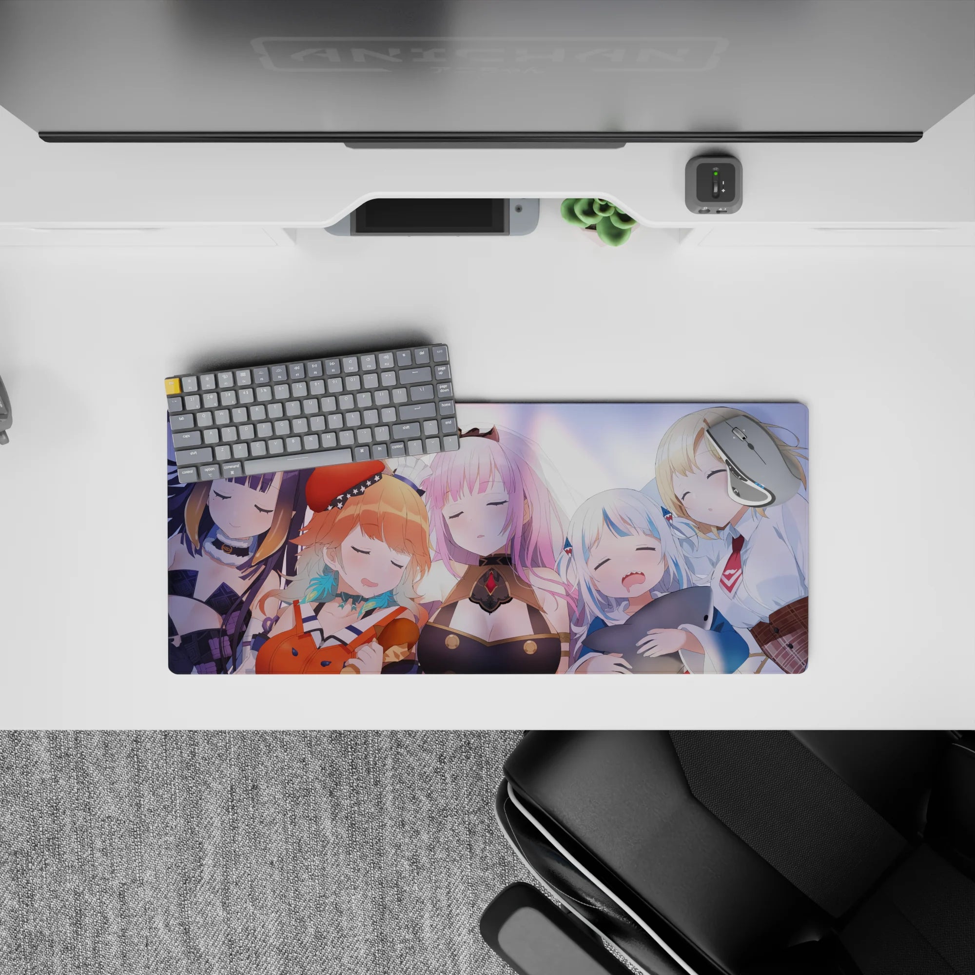 28x12 inches anime girl mouse pad in pastel purples and warm blush tones, cozy calm vibe with soft smiles.