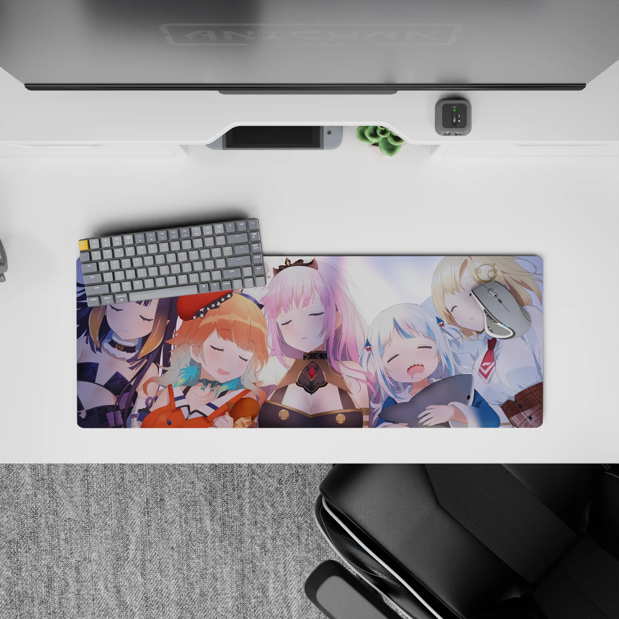 32x12 inches anime girl mouse pad in pastel purples and warm blush tones, cozy calm sleepy vibes.