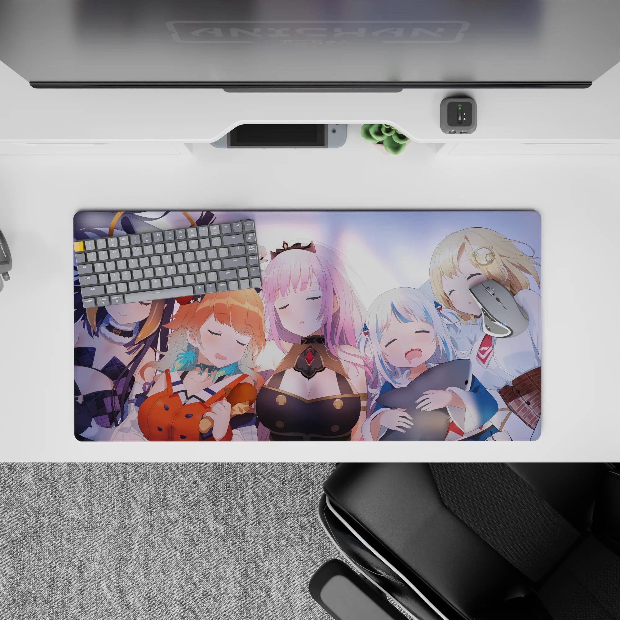 32x16 inches anime girl mouse pad in pastel purple and warm blush tones, soft cozy sleepy vibe.