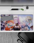 32x16 inches anime girl mouse pad in pastel purple and warm blush tones, soft cozy sleepy vibe.