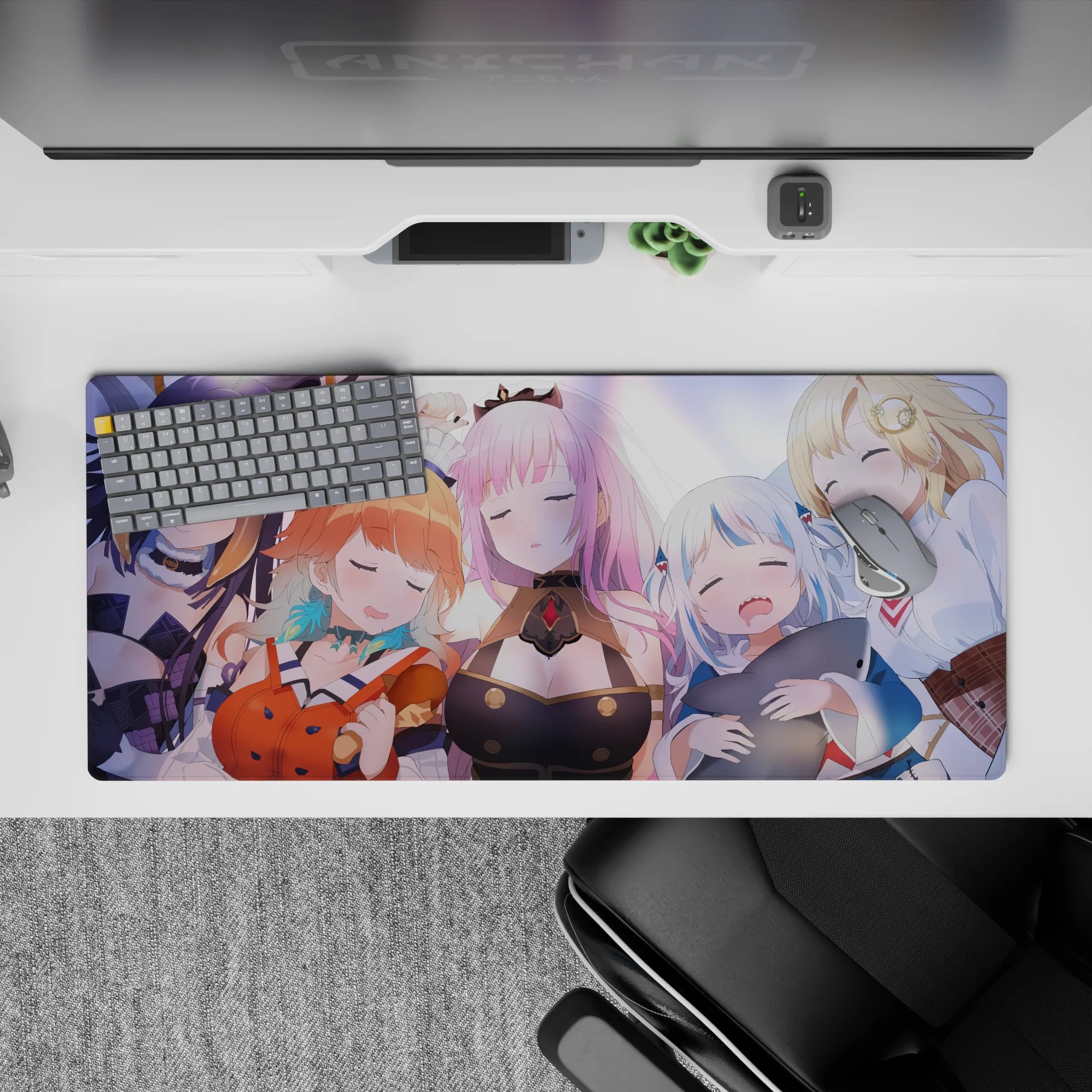 36x16 inches pastel purple and warm blush anime desk pad, gentle glow lighting and calm cozy vibes.