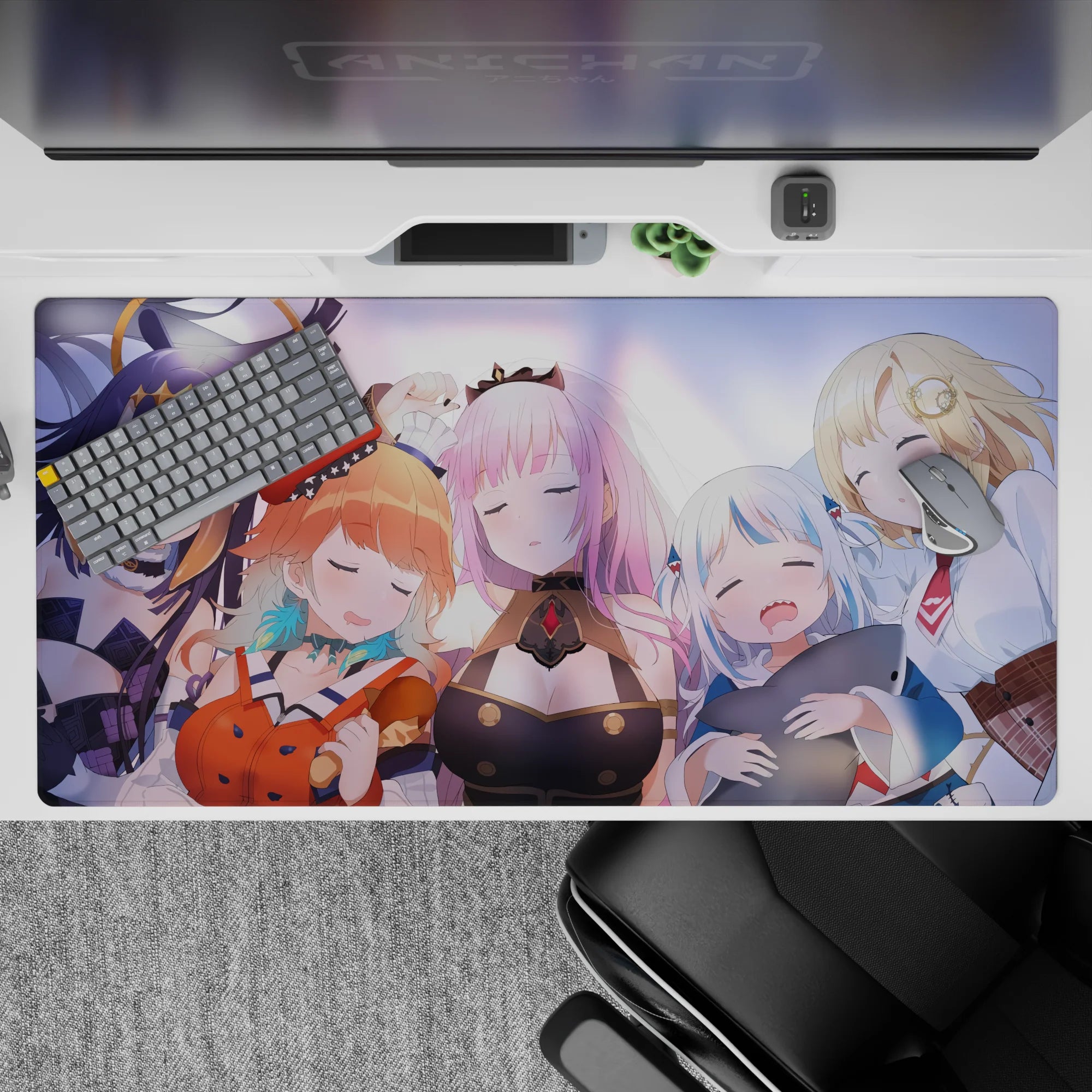 Pastel purple and blush anime girl desk pad 40x20 inches with warm glow lighting and cozy sleepy vibes.