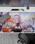 Pastel purple and blush anime girl desk pad 40x20 inches with warm glow lighting and cozy sleepy vibes.