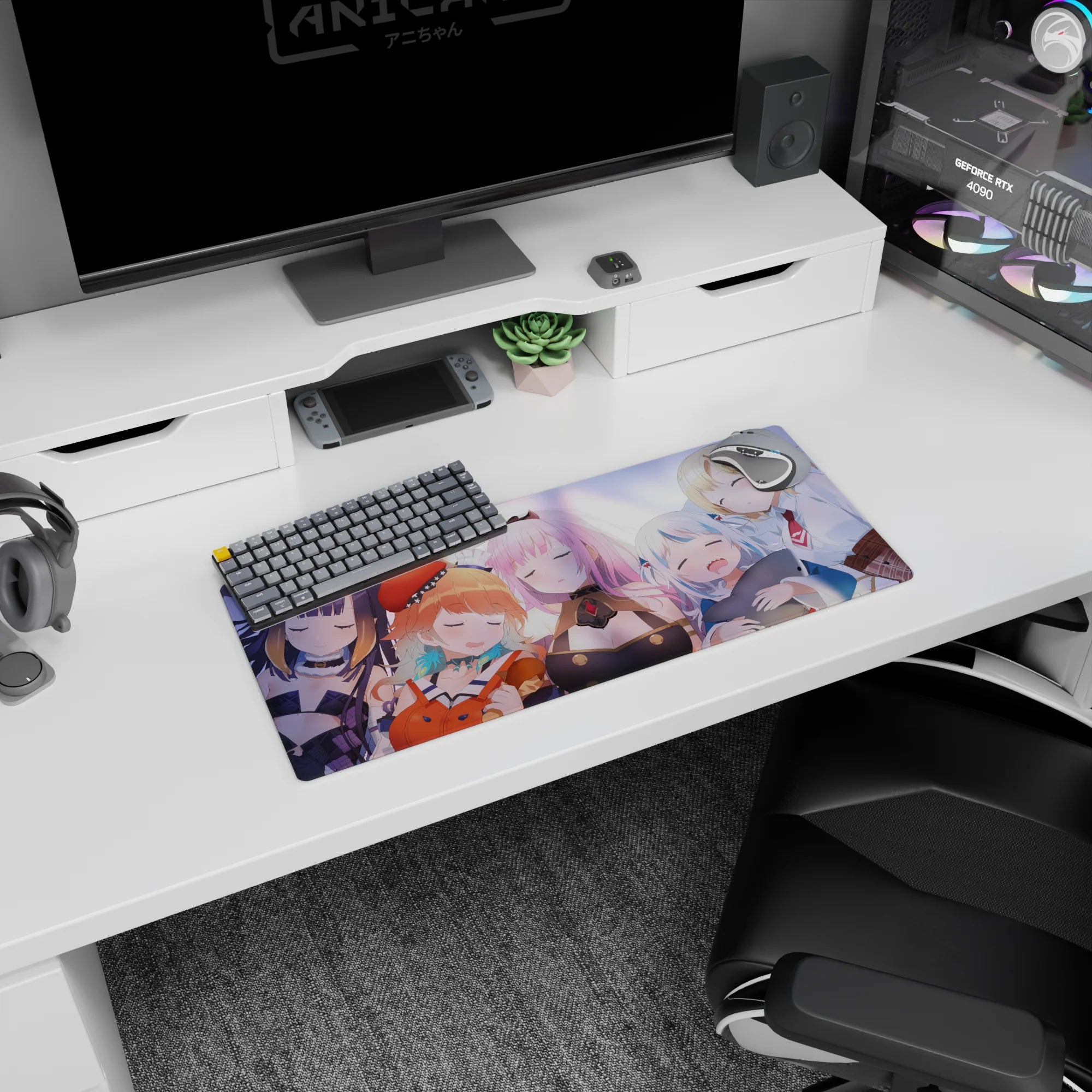 28x12 inches anime girl mouse pad showing Marine, Calliope, Gura and Amelia napping together, cute scene.